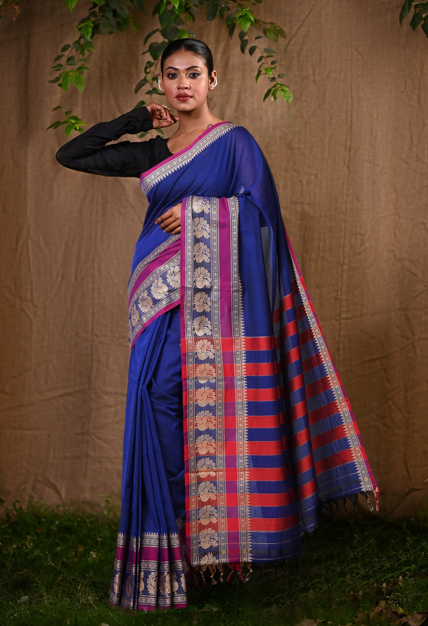 Dark Blue Pure Handloom Narayani Cotton Saree-UNM78569