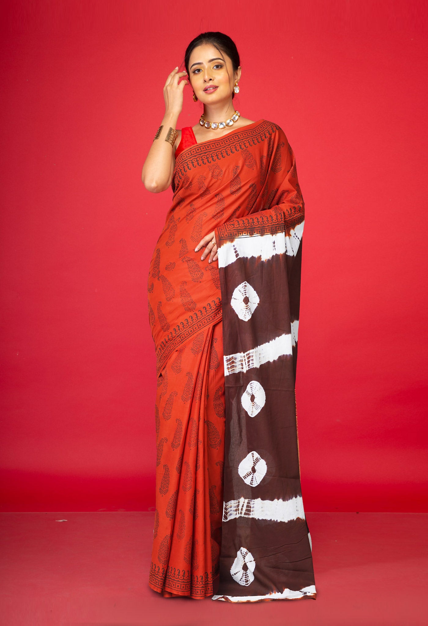Orange-Brown Pure Tie And Dye Shibori Block Printed Soft Cotton Saree-UNM78578
