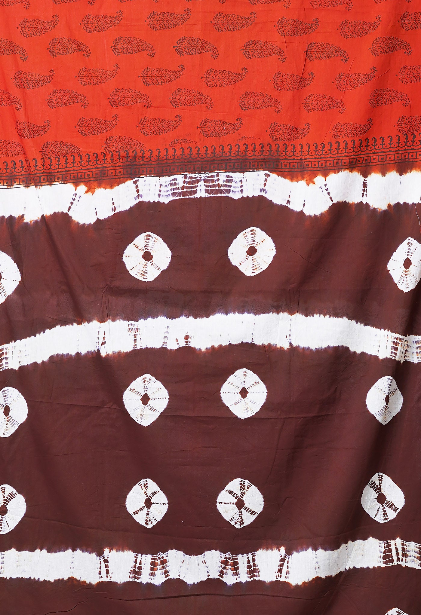 Orange-Brown Pure Tie And Dye Shibori Block Printed Soft Cotton Saree-UNM78578