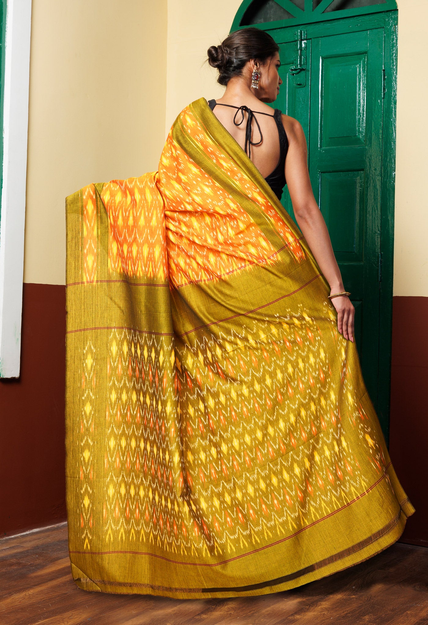 Yellow-Red Pure Pochampally Mercerized Cotton Saree-UNM78858