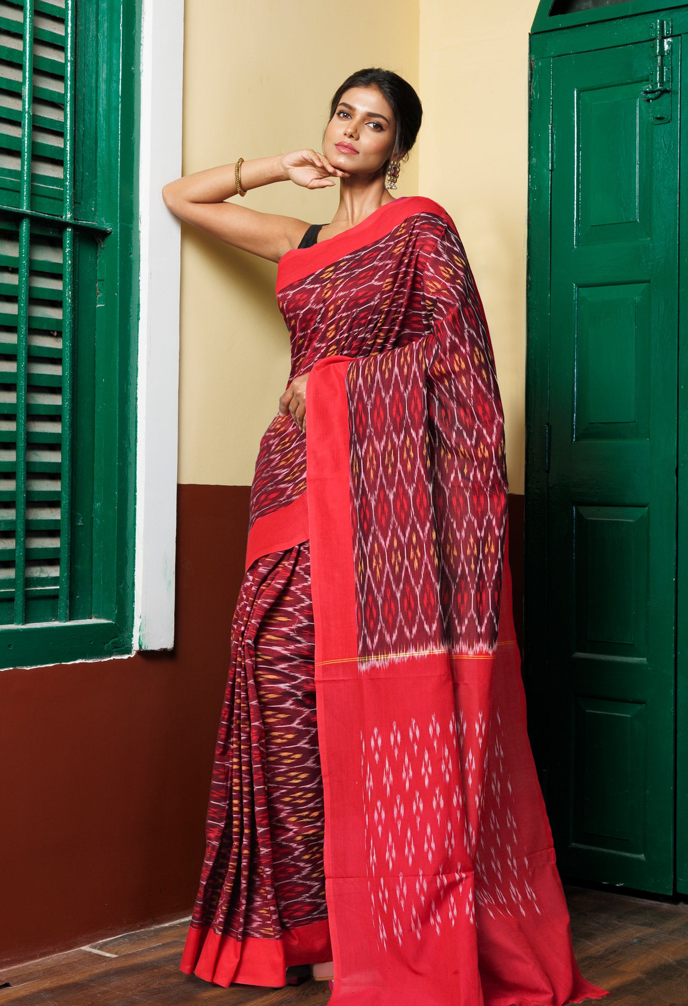 Red Pure Pochampally Mercerized Cotton Silk Saree-UNM78935