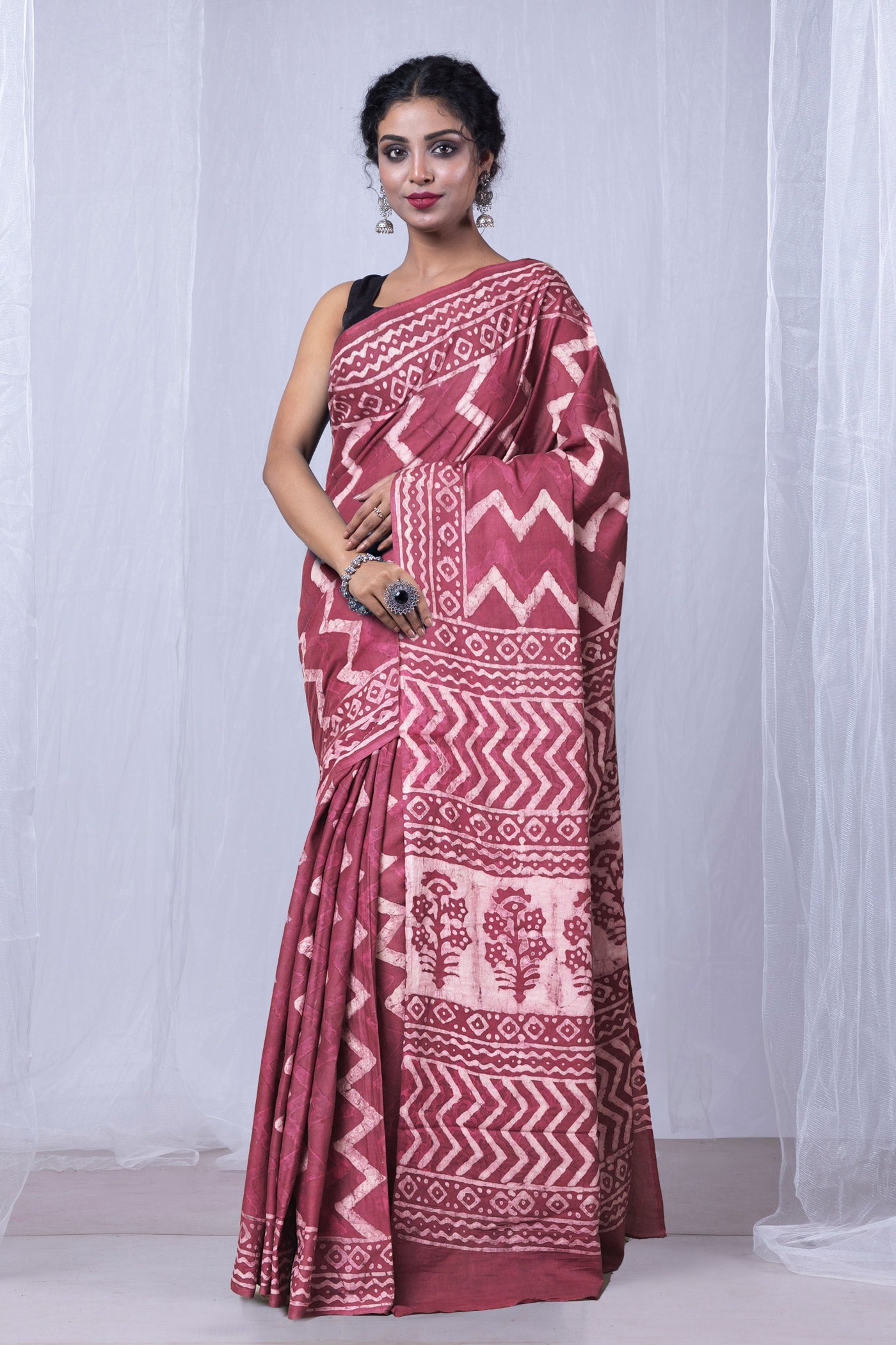 Pink Pure Dabu Printed Mulmul Cotton Saree-UNM78965