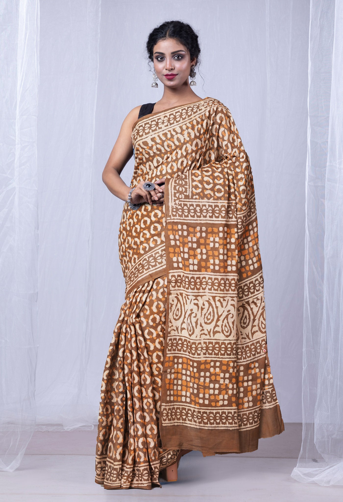 Brown Pure Dabu Printed Mulmul Cotton Saree-UNM78970