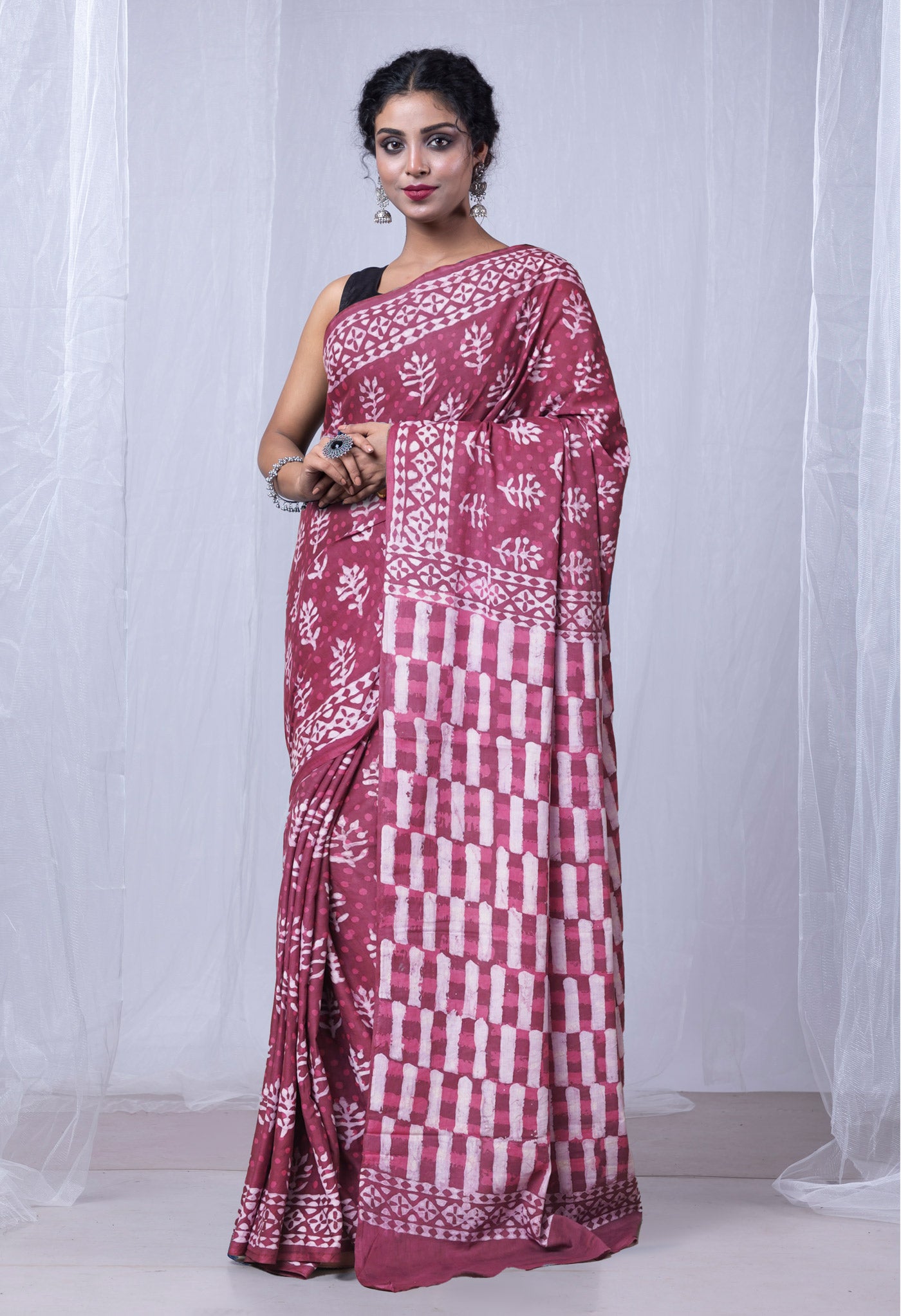 Pink Pure Dabu Printed Mulmul Cotton Saree-UNM78971
