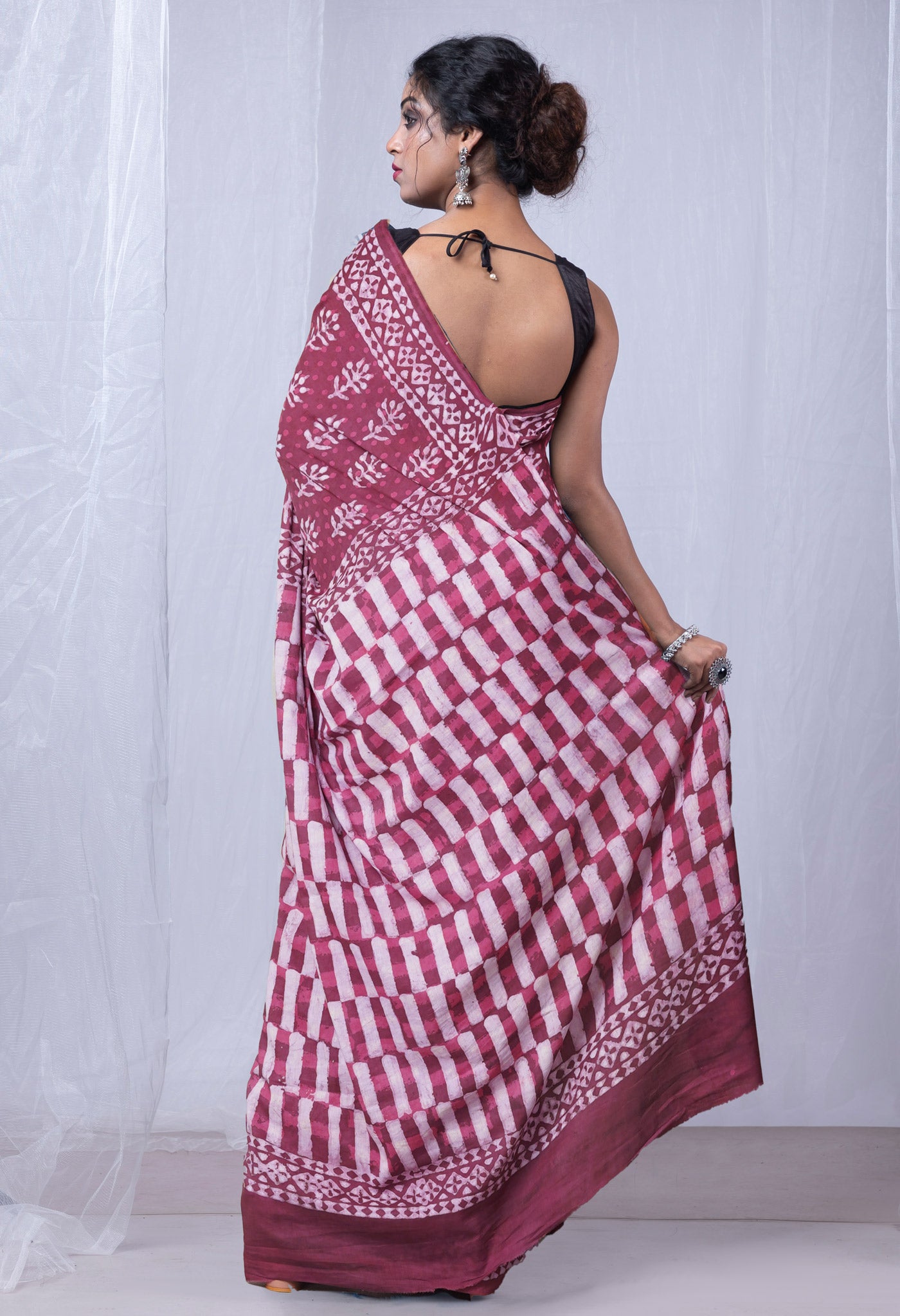 Pink Pure Dabu Printed Mulmul Cotton Saree-UNM78971