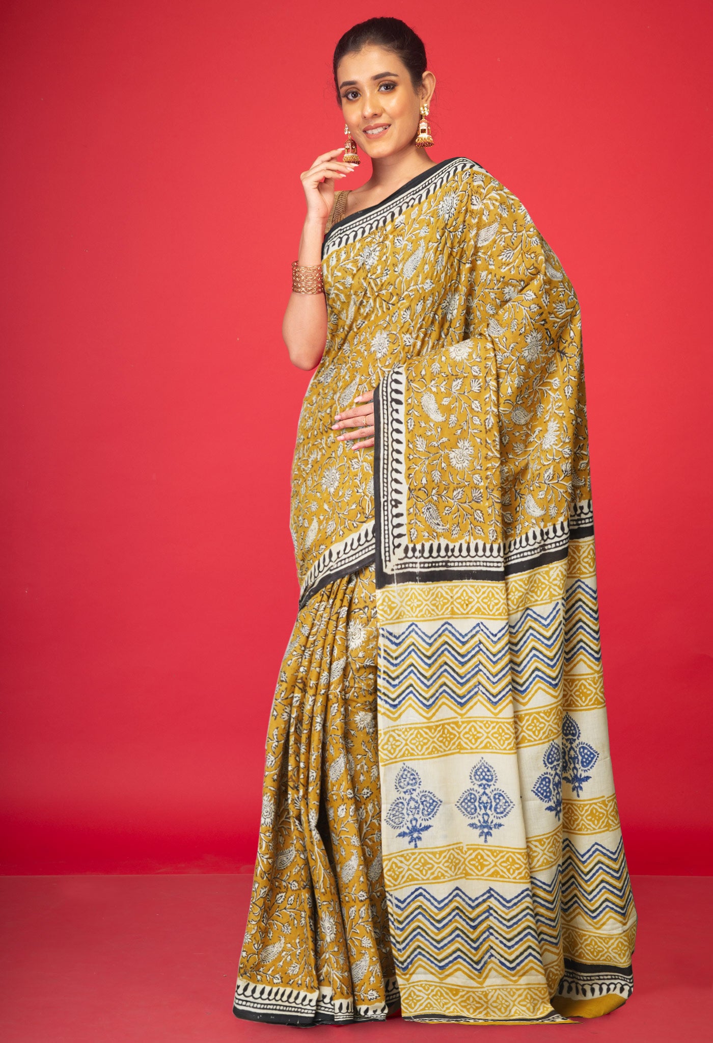 Mehind Green Pure Bagru Printed Soft Cotton Saree-UNM79002