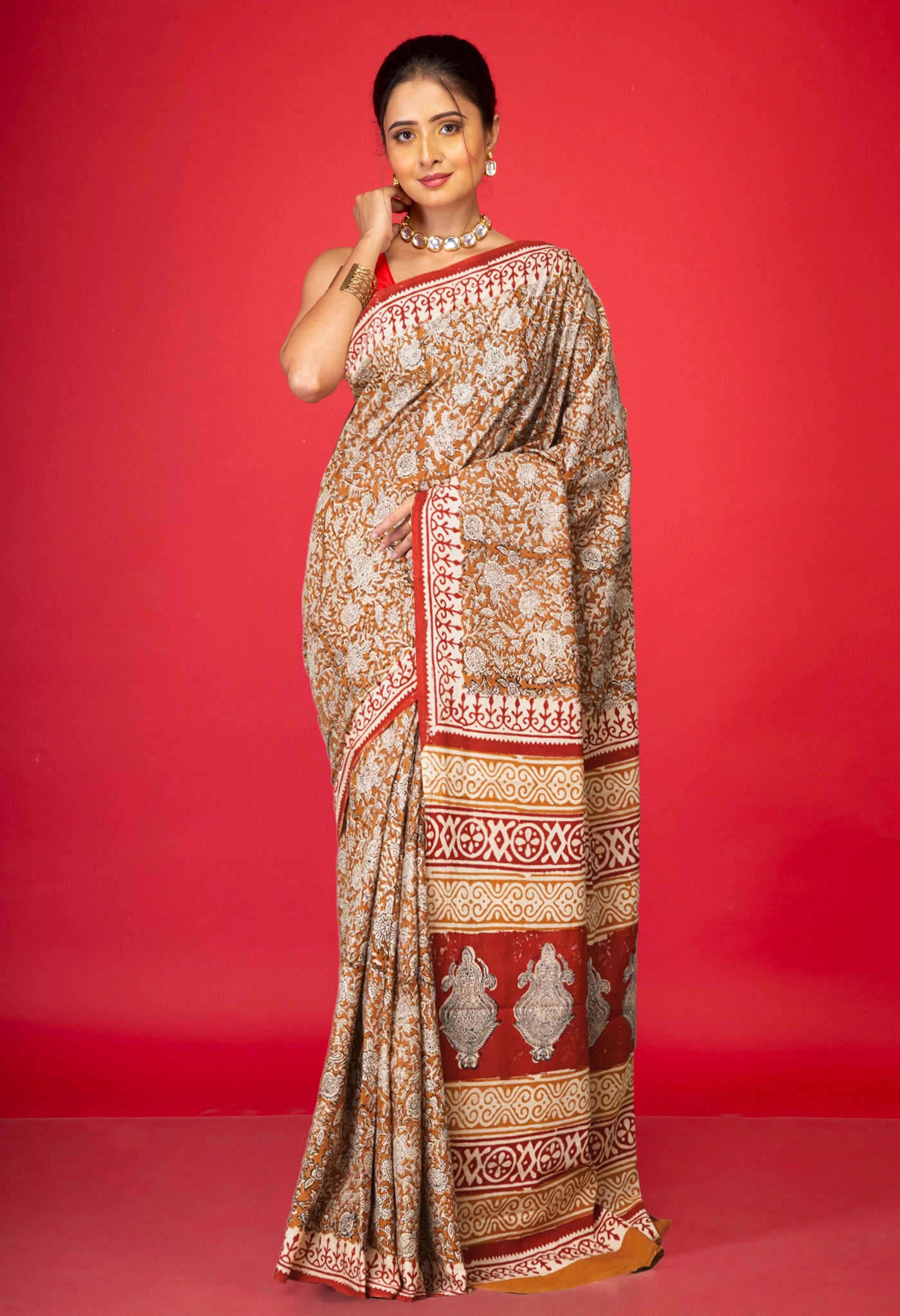 Brown Pure Bagru Printed Soft Cotton Saree-UNM79006