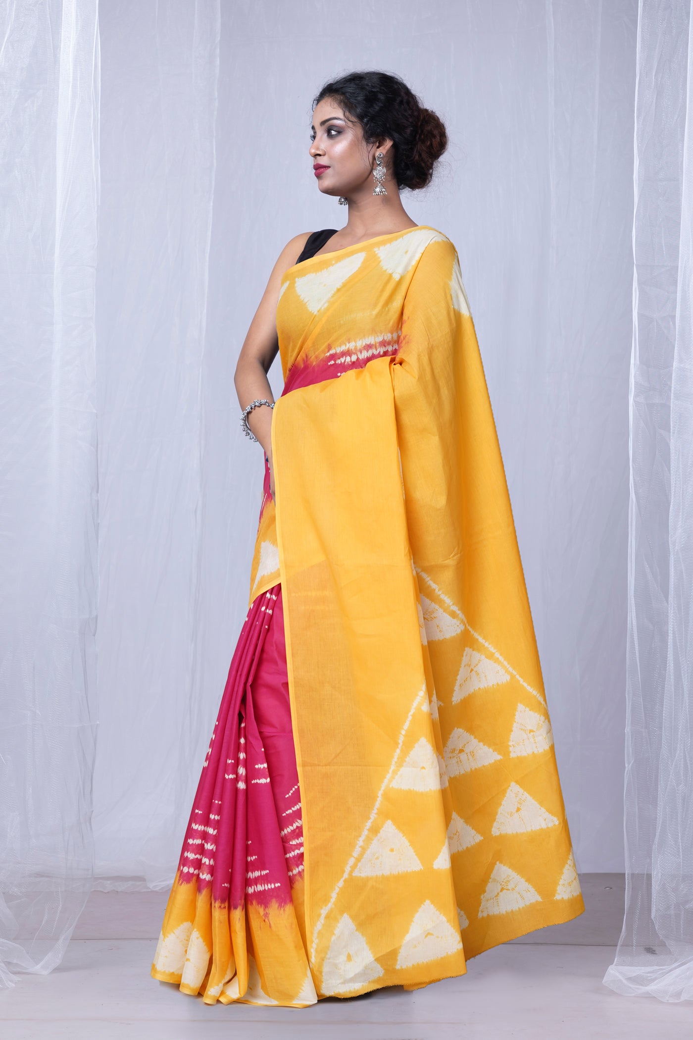 Pink-Yellow Pure Tie And Dye Shibori Printed Soft Cotton Saree-UNM79087