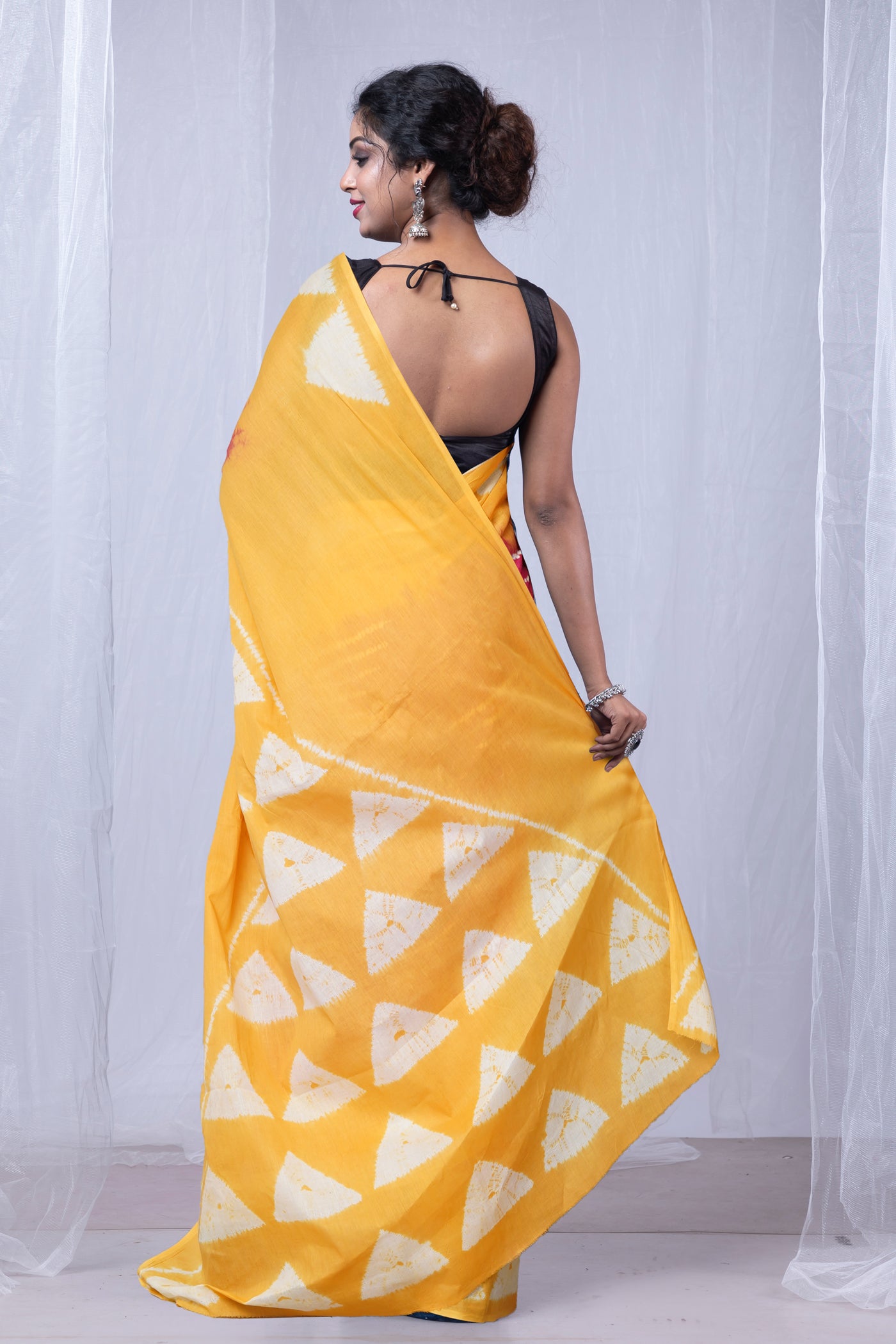 Pink-Yellow Pure Tie And Dye Shibori Printed Soft Cotton Saree-UNM79087
