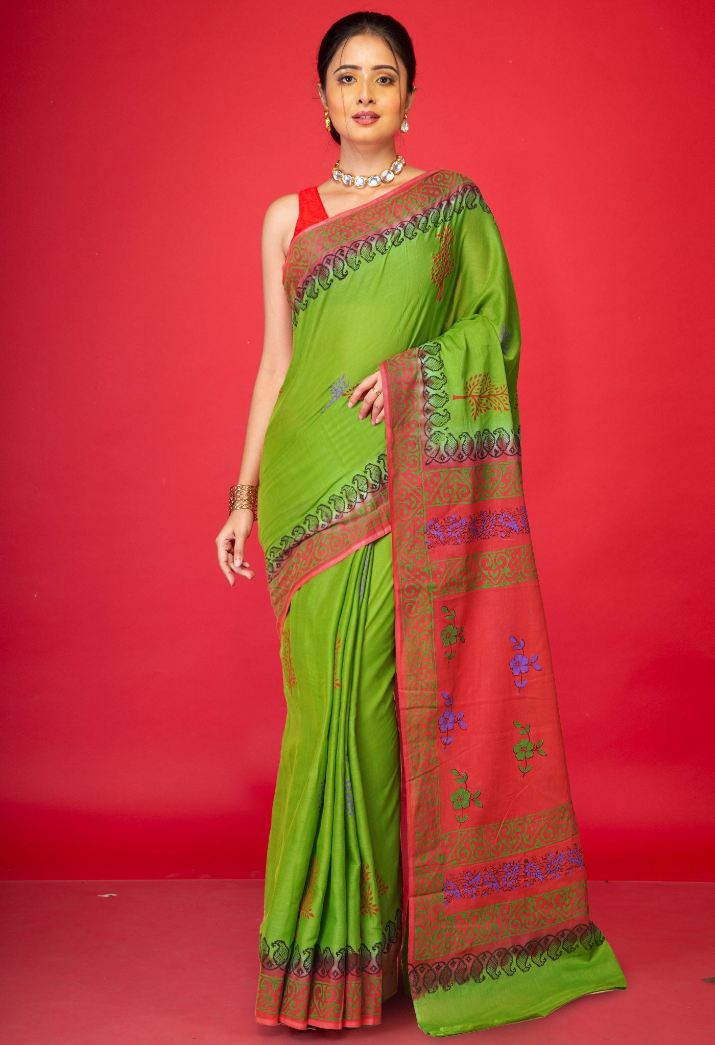 Green Pure Hand Block Printed Soft Cotton Saree