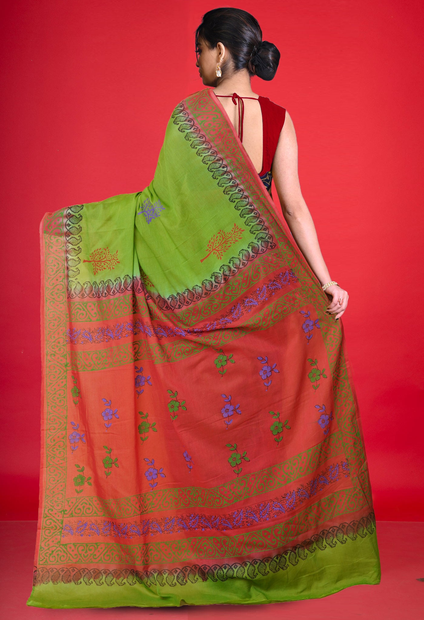 Green Pure Hand Block Printed Soft Cotton Saree