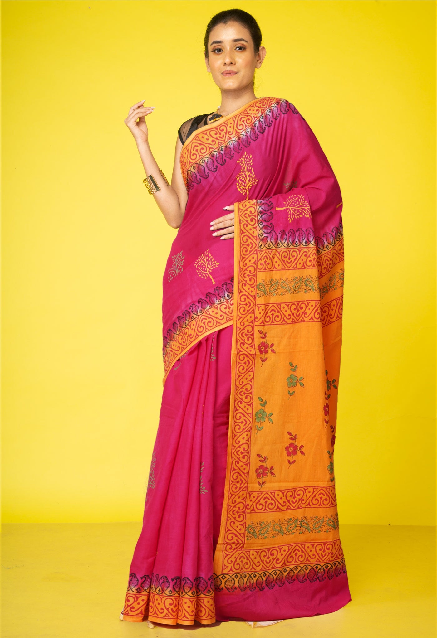 Pink Pure Hand Block Printed Soft Cotton Saree