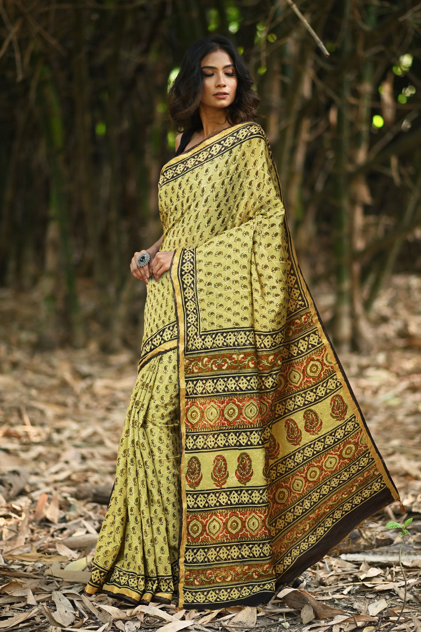 Green Pure Bagru Printed Pashmina Sico Saree-UNM79332