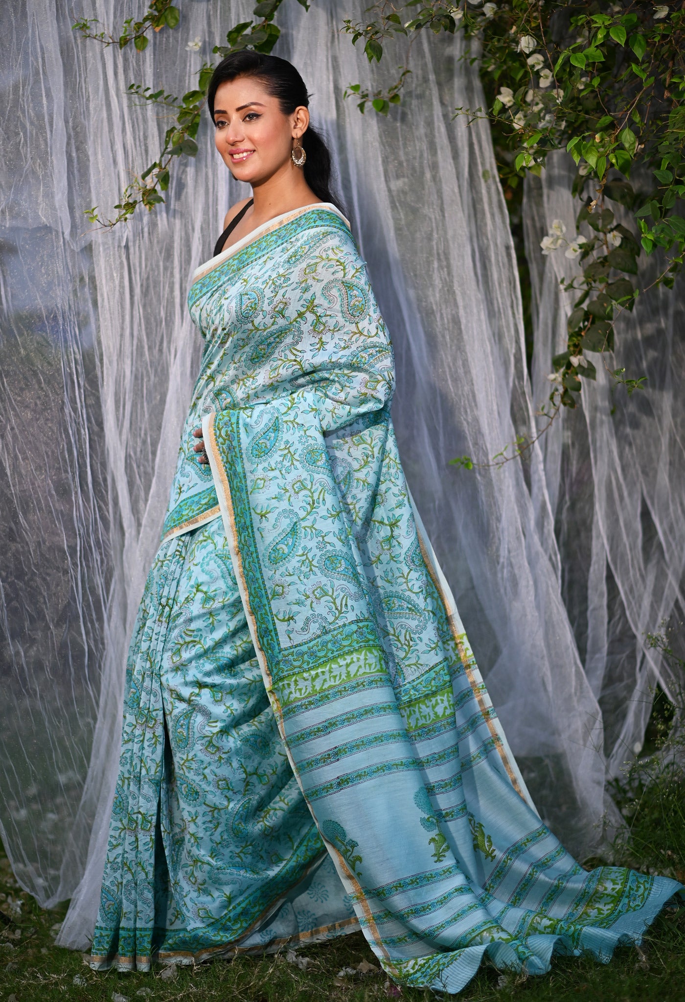 Turquoise Green Pure Hand Block Printed Chanderi Sico Saree-UNM79372