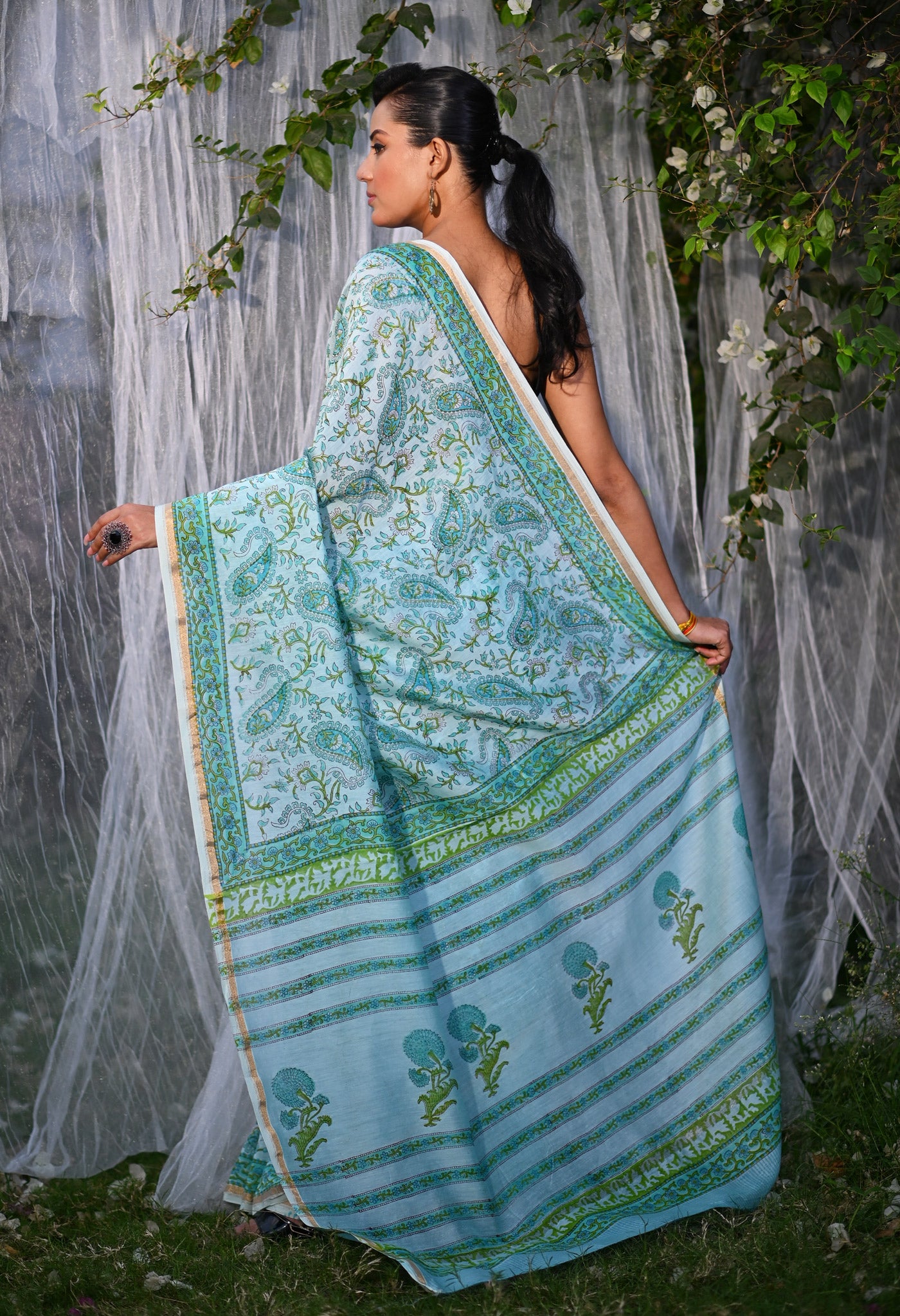 Turquoise Green Pure Hand Block Printed Chanderi Sico Saree-UNM79372