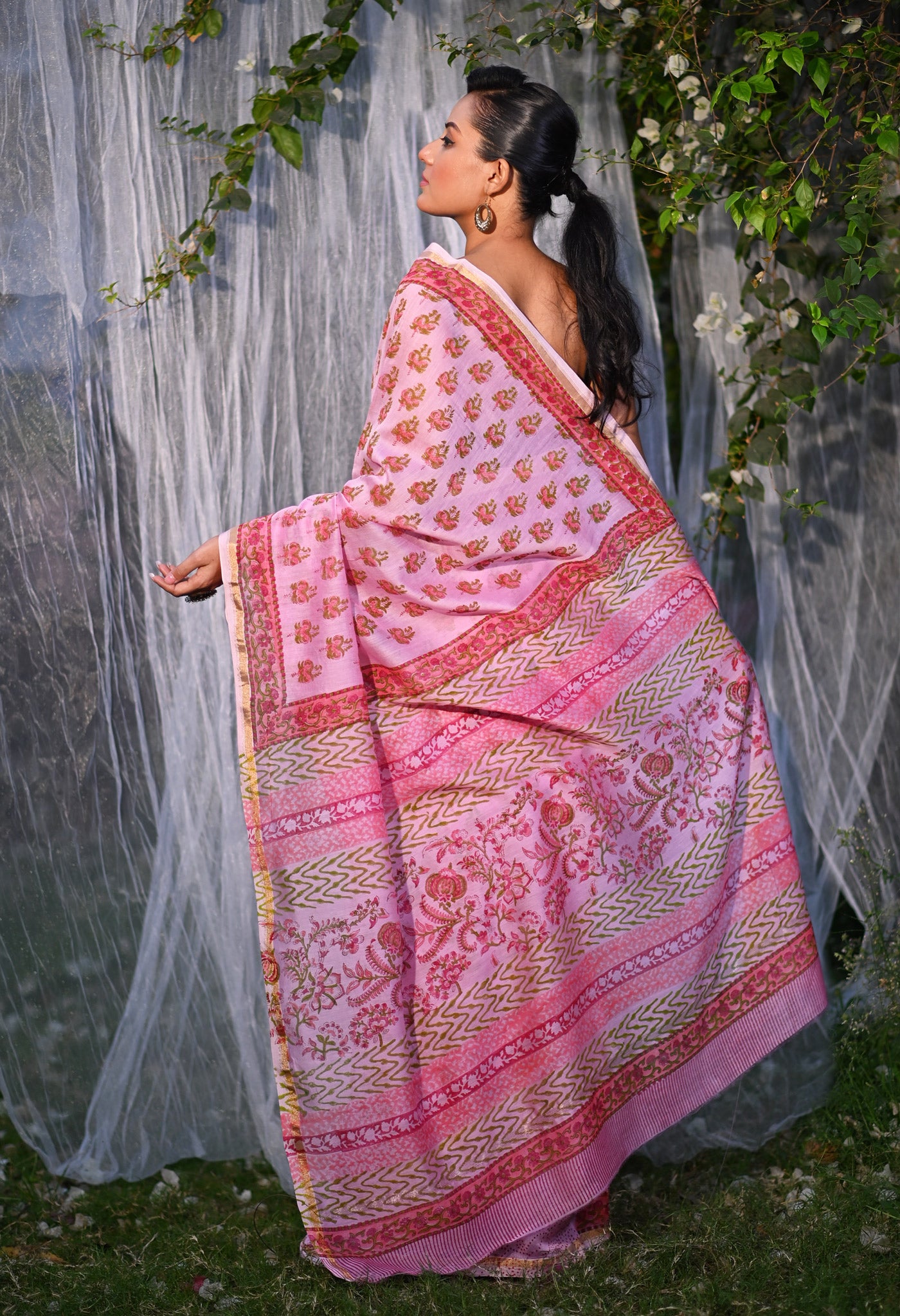 Pink Pure Hand Block Printed Chanderi Sico Saree-UNM79373