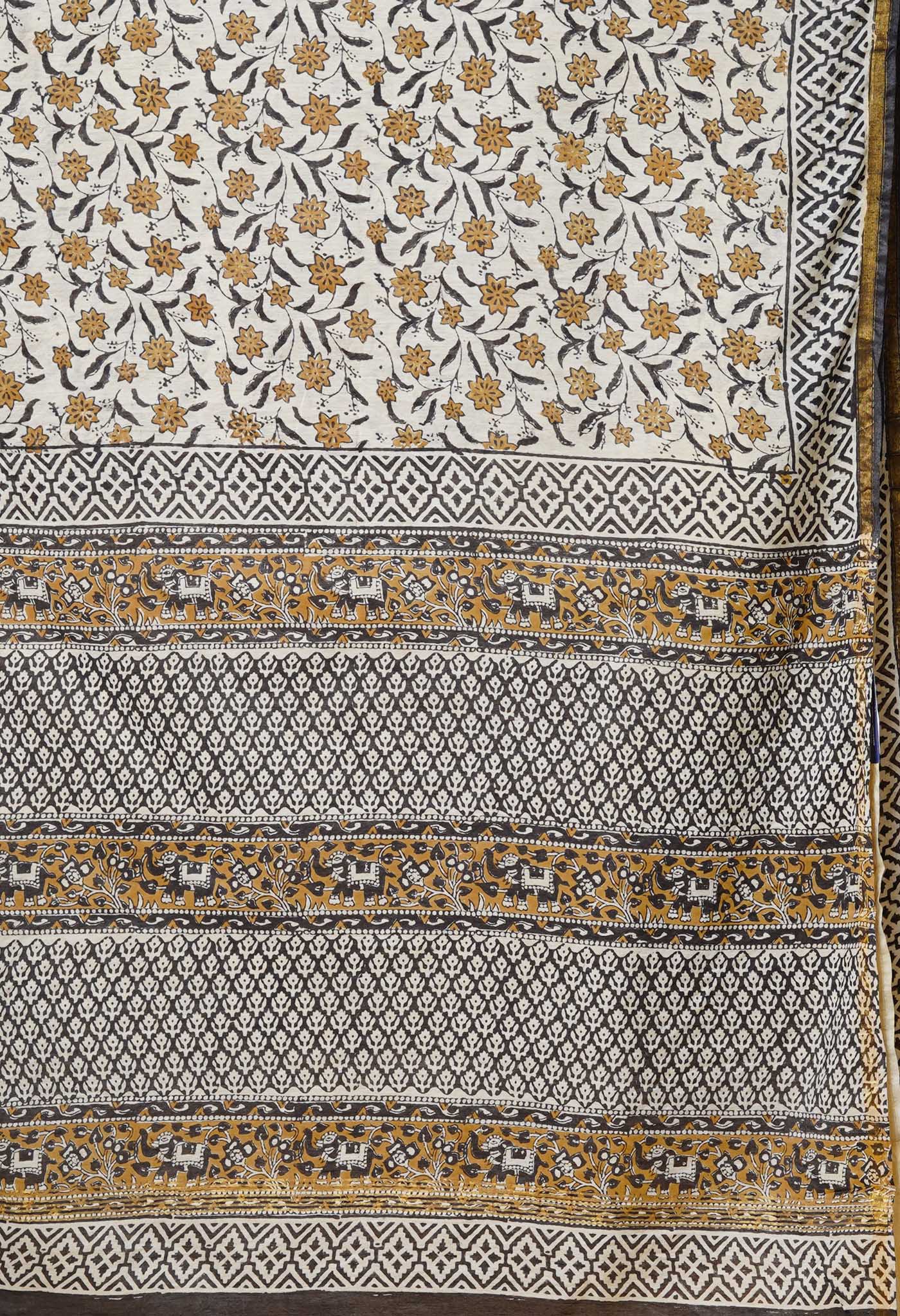 Cream Pure Bagru Printed Pashmina Sico Saree