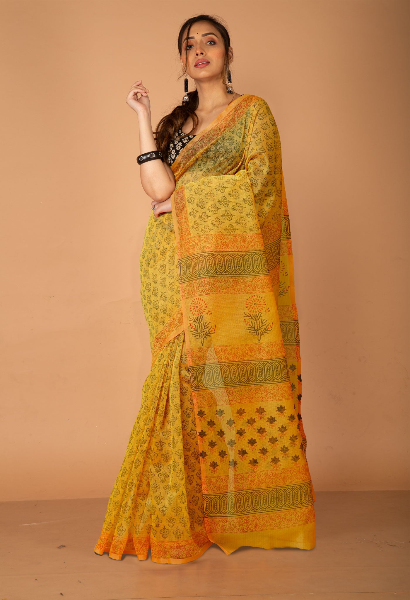 Yellow  Block Printed Supernet Saree-UNM79424