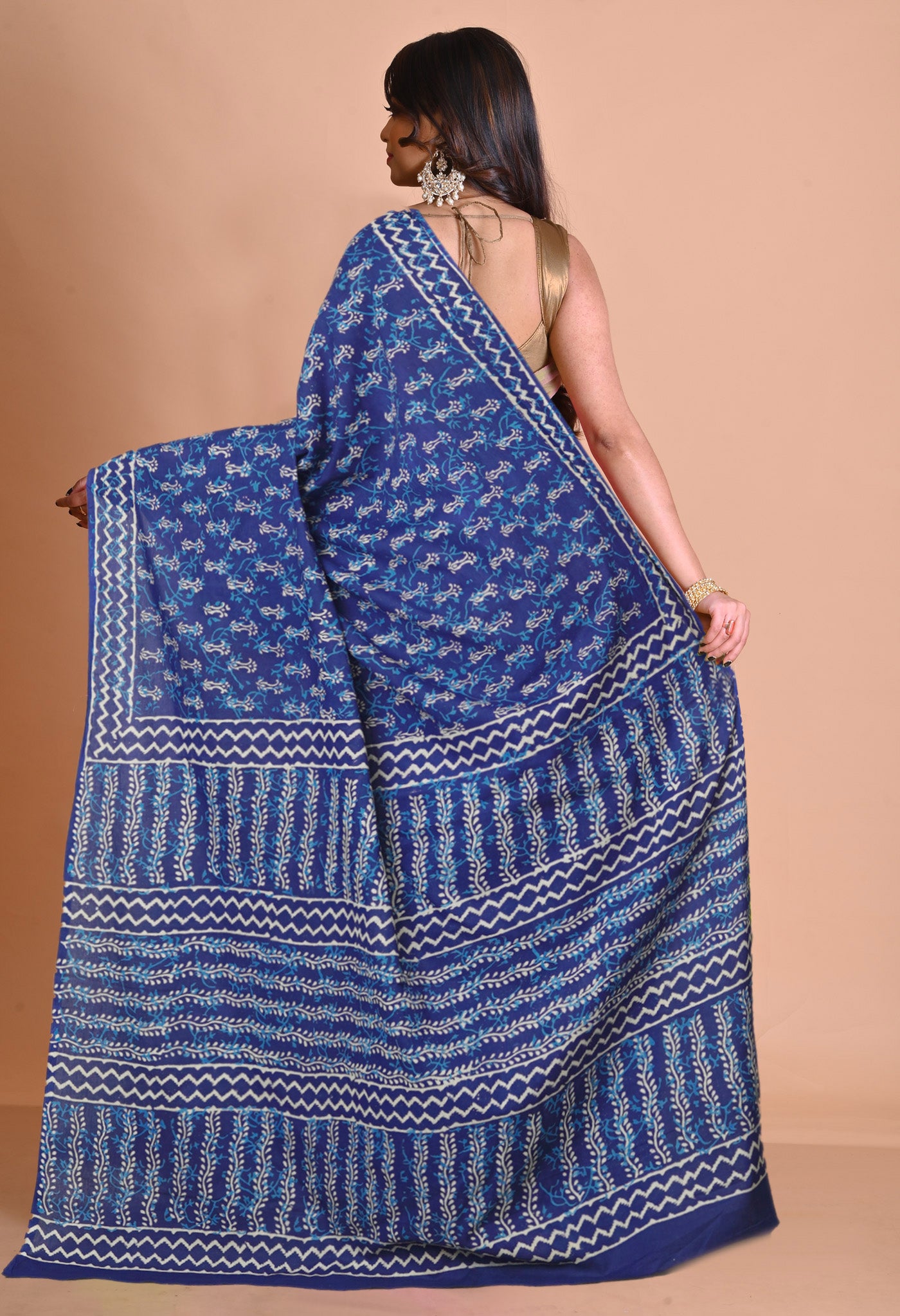 Navy Blue Pure Napthol Hand Block Pinted Soft Cotton Saree-UNM79840