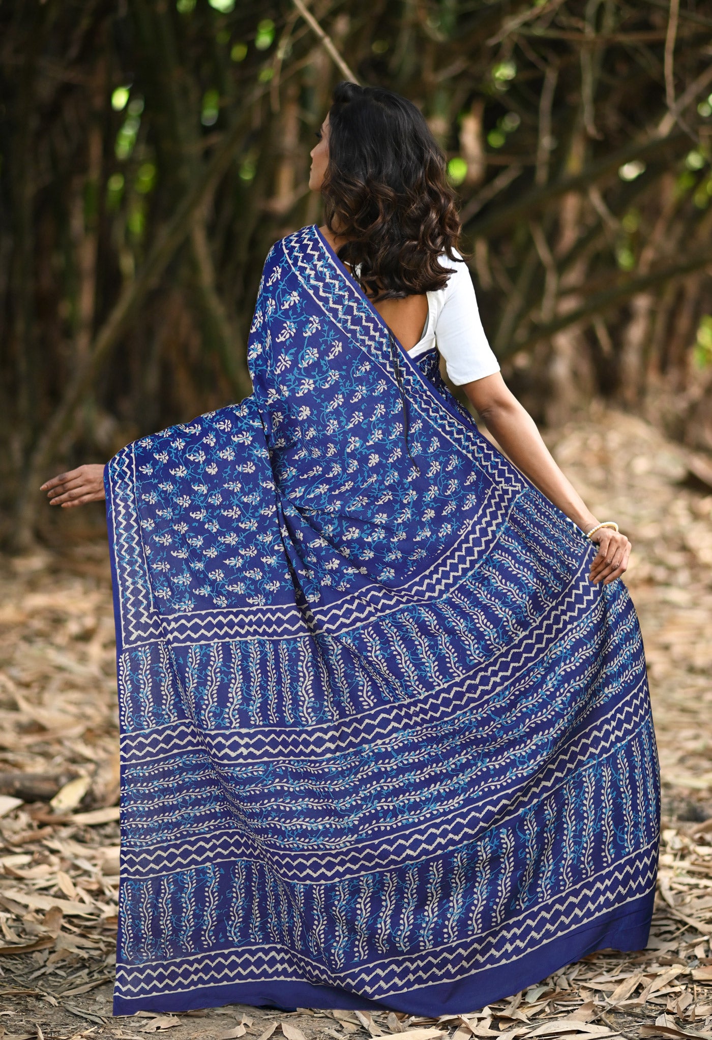 Navy Blue Pure Napthol Hand Block Pinted Soft Cotton Saree-UNM79861