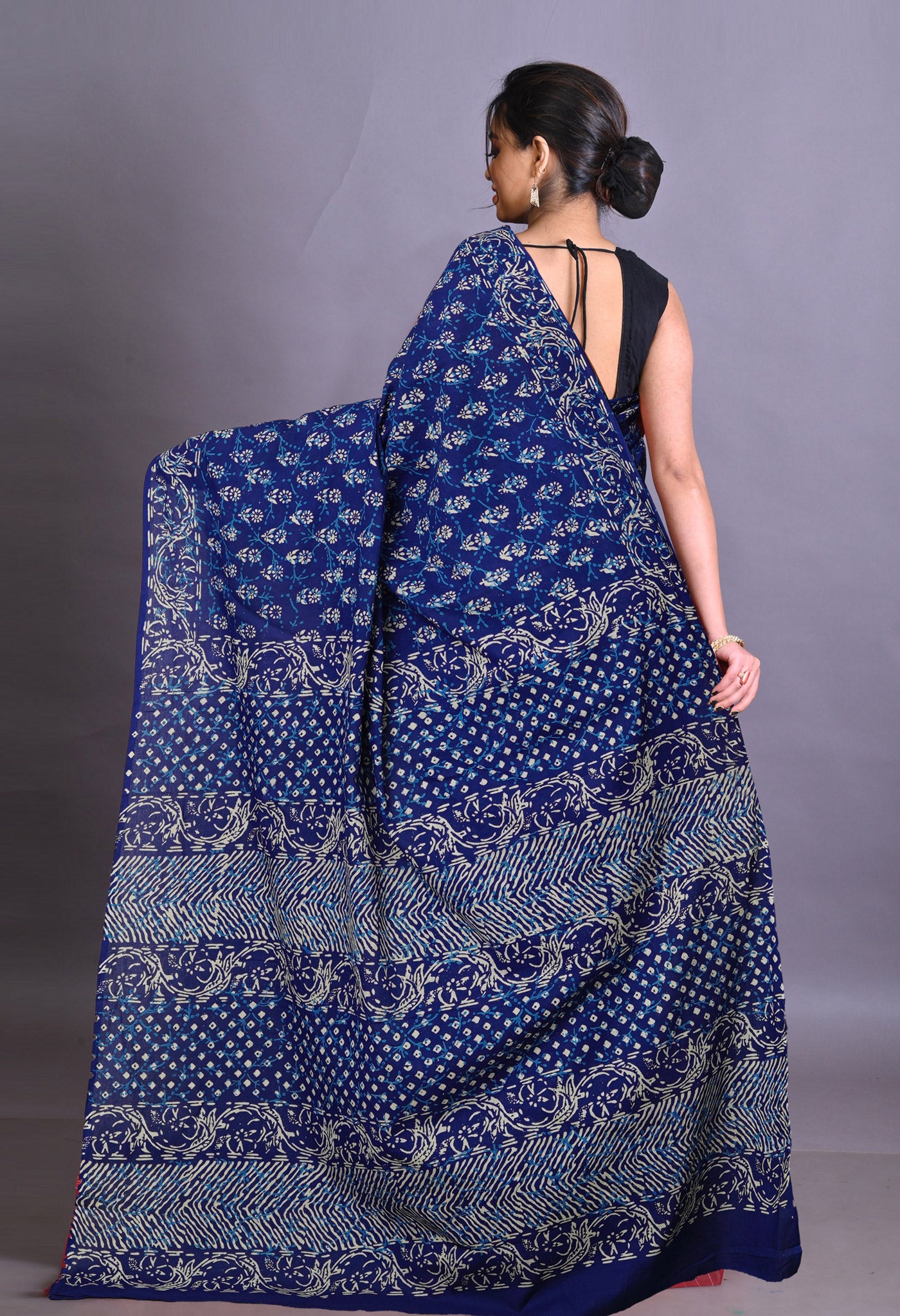 Navy Blue Pure Napthol Hand Block Pinted Soft Cotton Saree-UNM79863