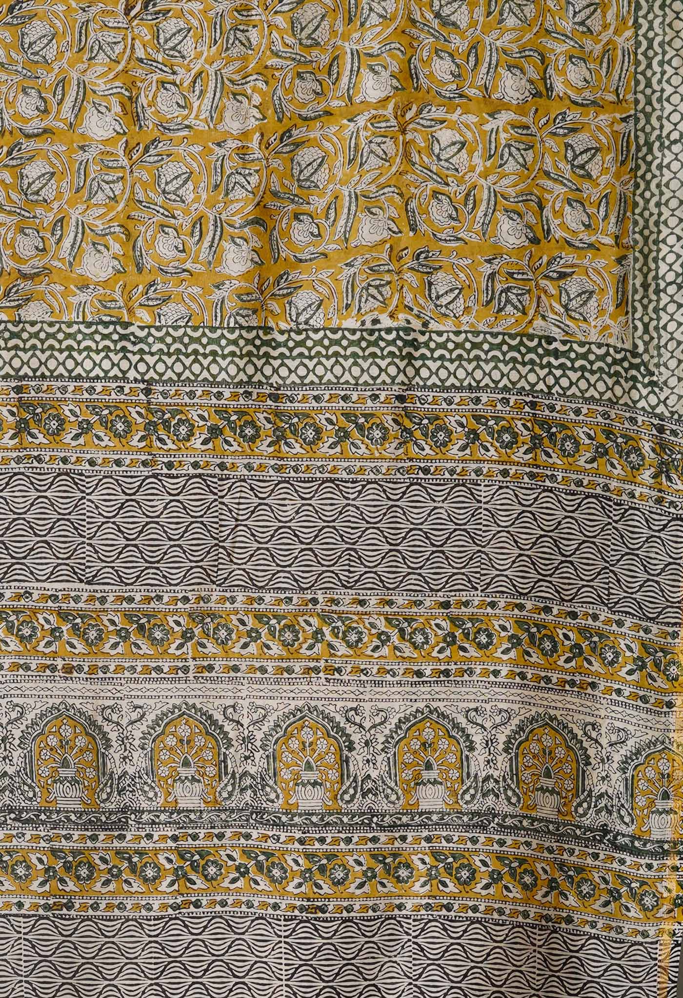 Olive Green Pure Bagru Kalamkari Printed Chanderi Sico Saree-UNM79913