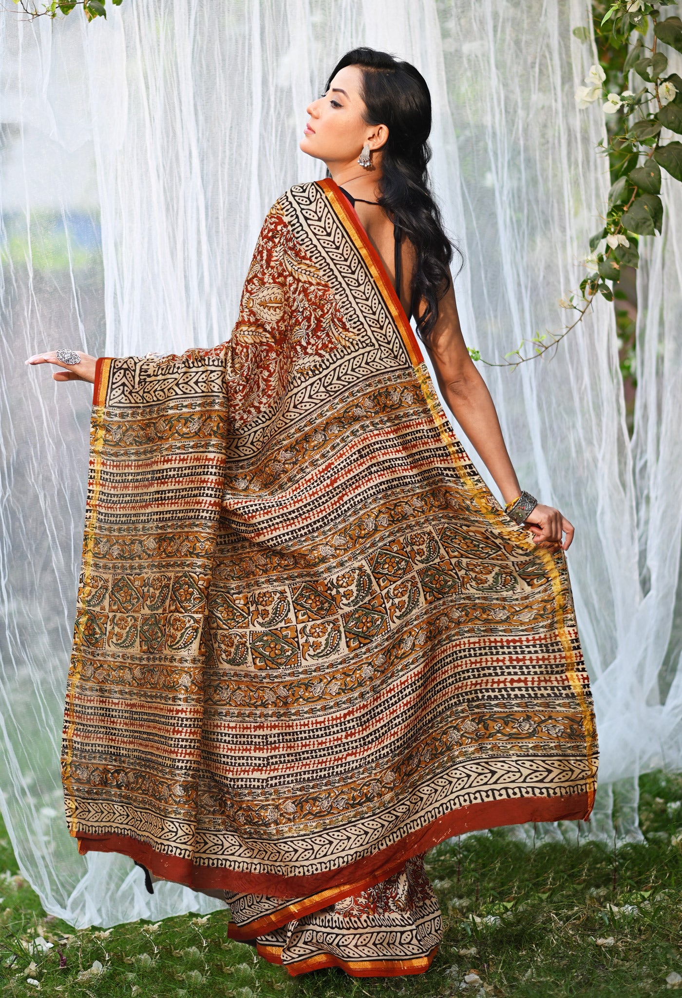 Red Pure Bagru Kalamkari Printed Chanderi Sico Saree-UNM79921