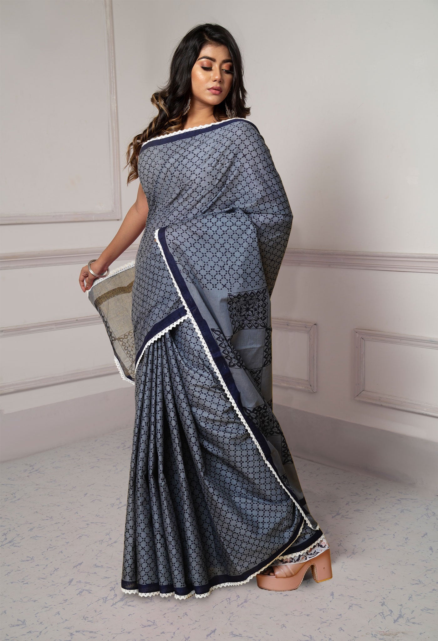 Grey-Black Pure Block Printed With Chrochio Lace Work Embroidery Soft Cotton Saree-UNM79963