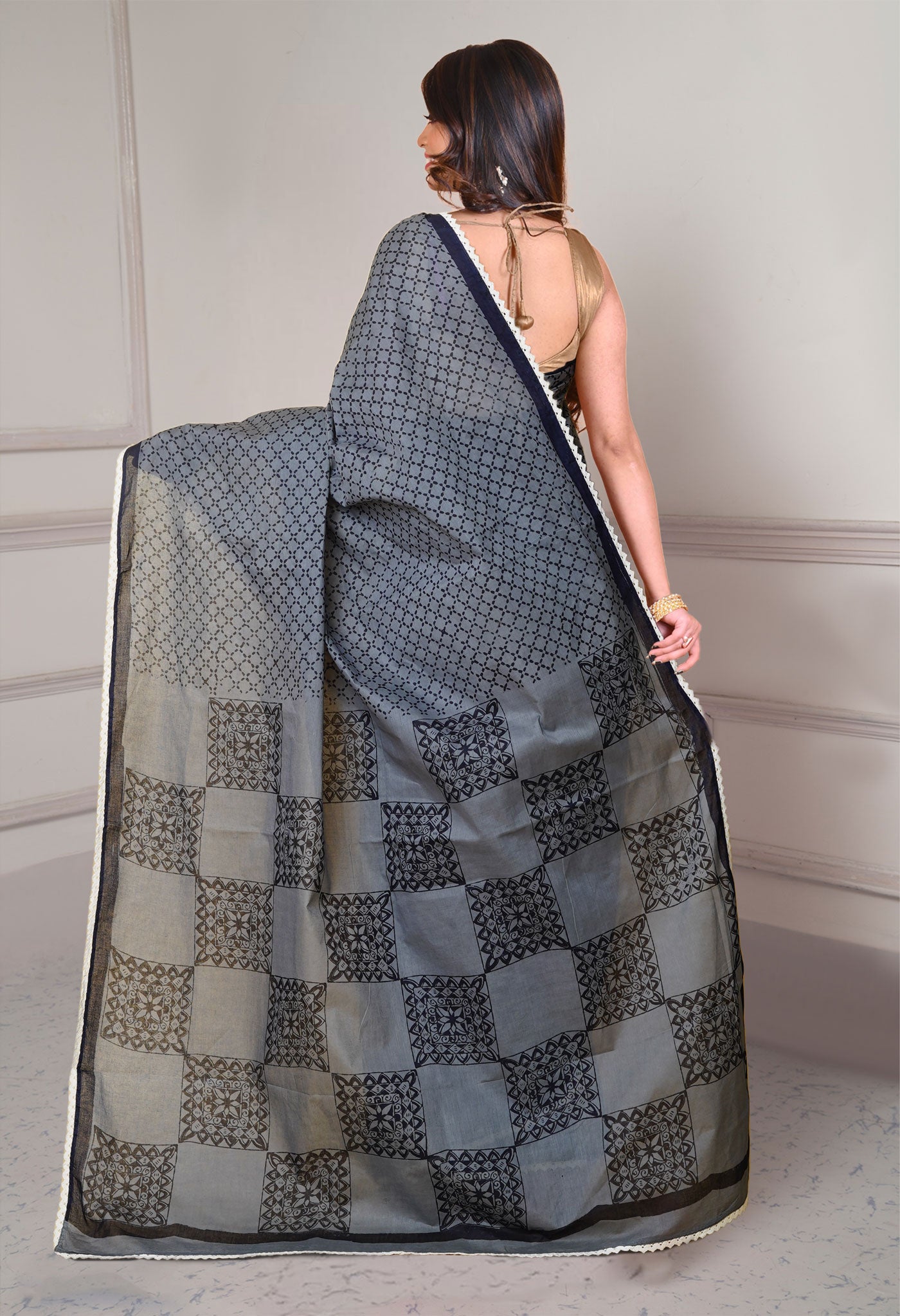 Grey-Black Pure Block Printed With Chrochio Lace Work Embroidery Soft Cotton Saree-UNM79963