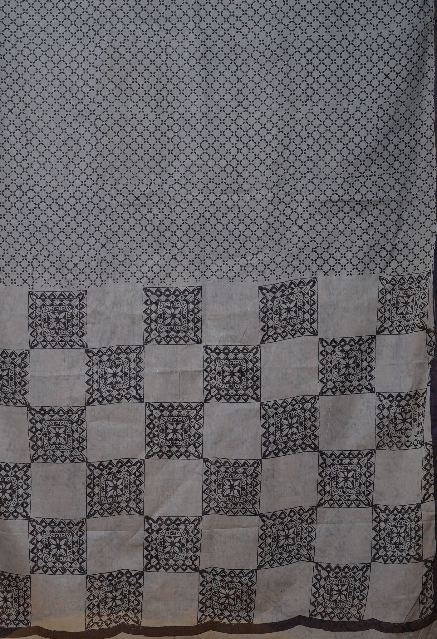 Grey-Black Pure Block Printed With Chrochio Lace Work Embroidery Soft Cotton Saree-UNM79963