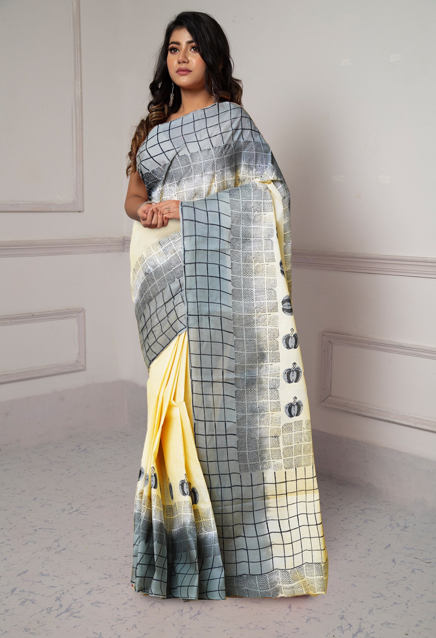 Cream-Grey Pure Dyed Hand Block printed Soft Cotton Saree-UNM79965