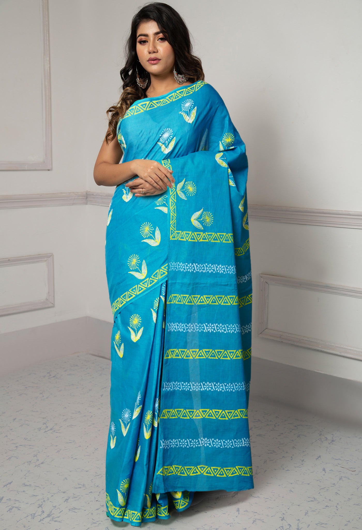 Turquoise Blue Pure Dyed Hand Block printed Soft Cotton Saree-UNM79967
