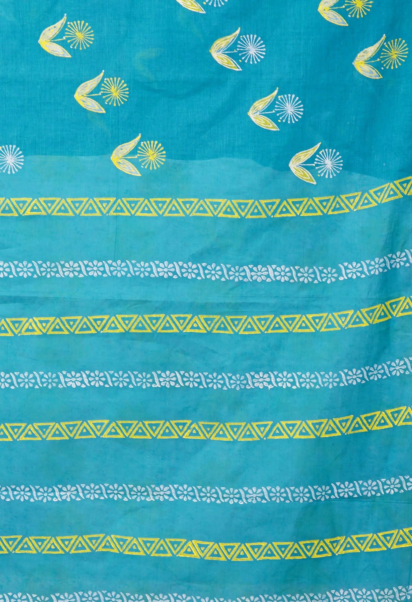 Turquoise Blue Pure Dyed Hand Block printed Soft Cotton Saree-UNM79967