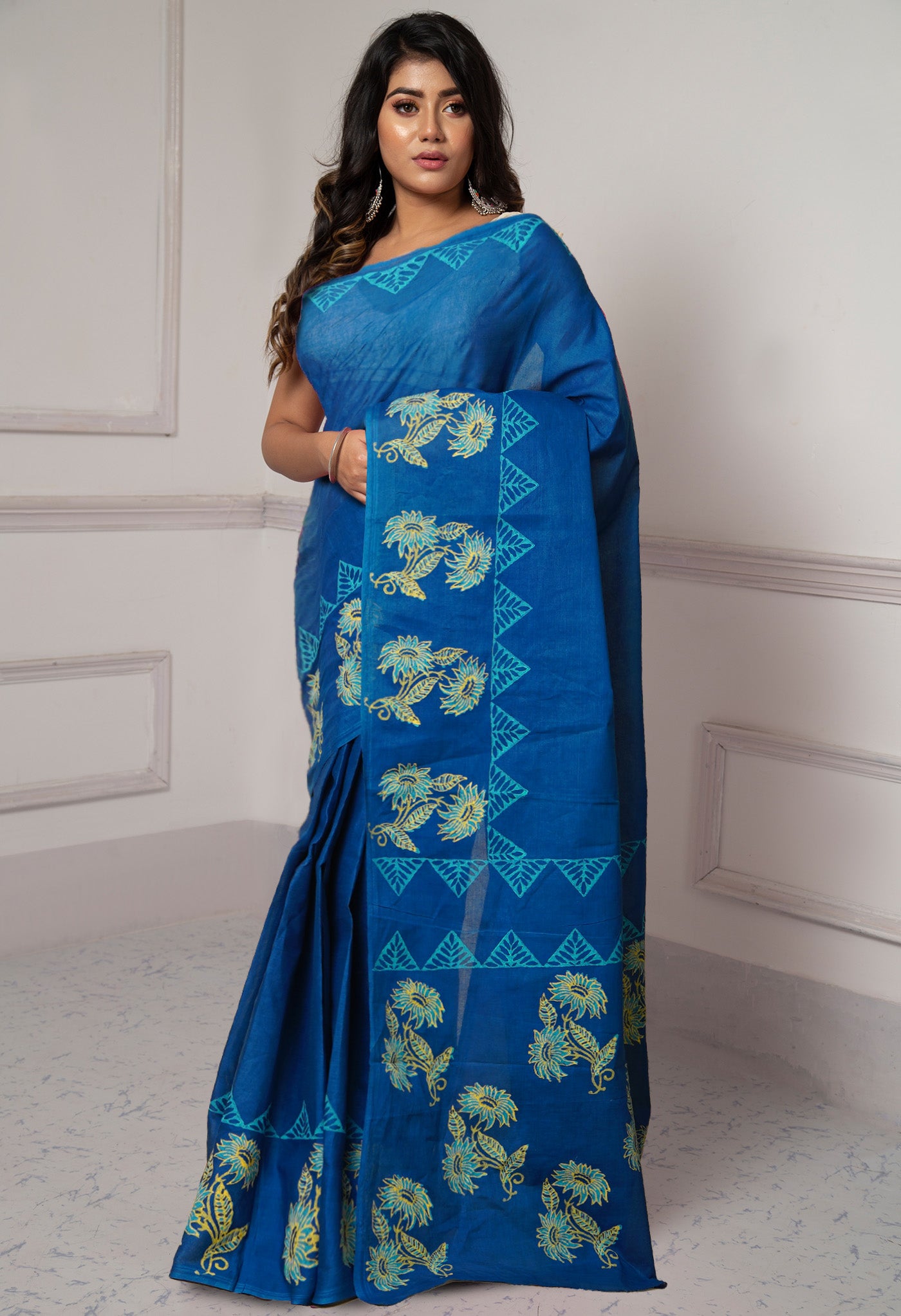 Peacock Blue Pure Dyed Hand Block printed Soft Cotton Saree-UNM79992