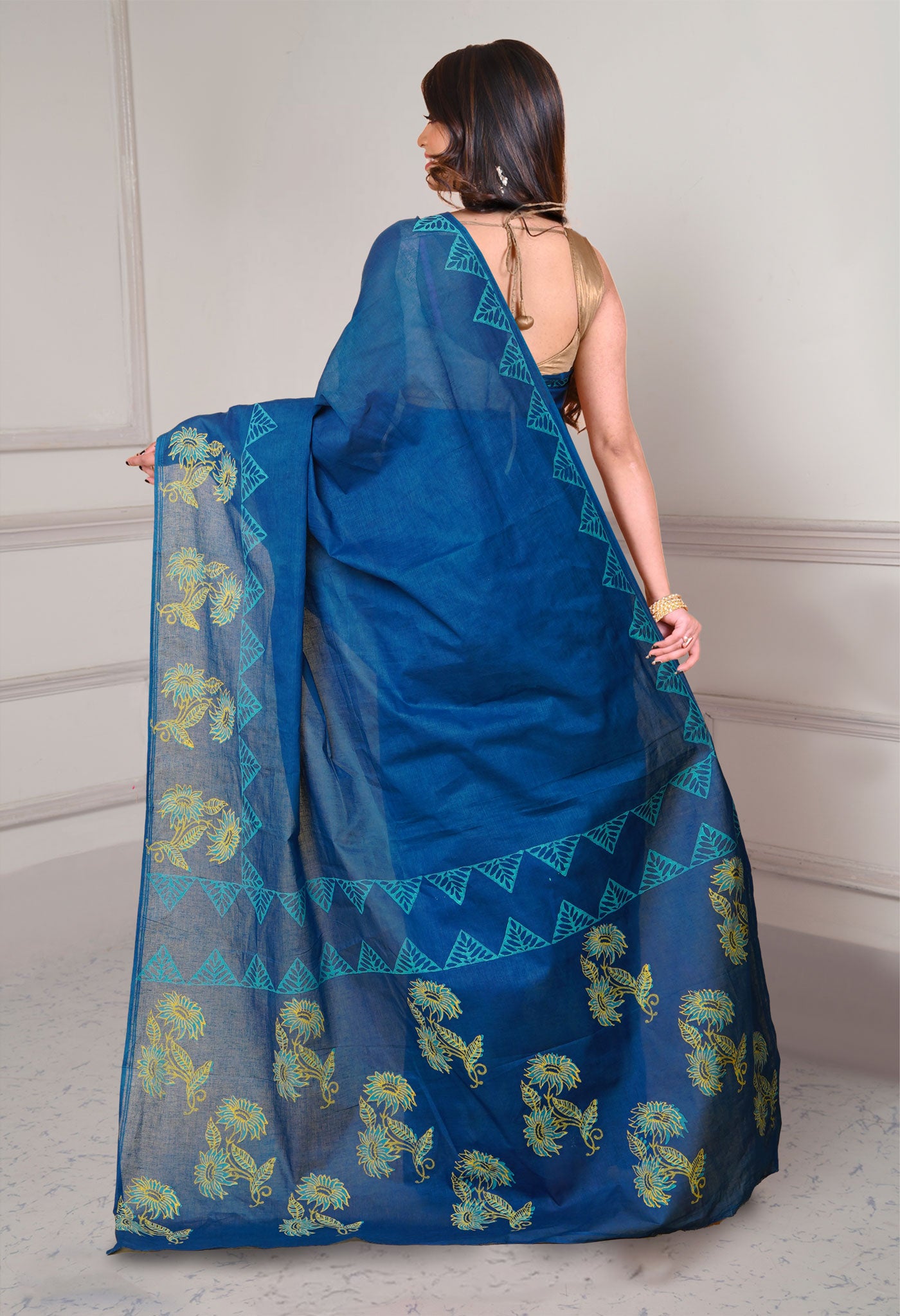 Peacock Blue Pure Dyed Hand Block printed Soft Cotton Saree-UNM79992