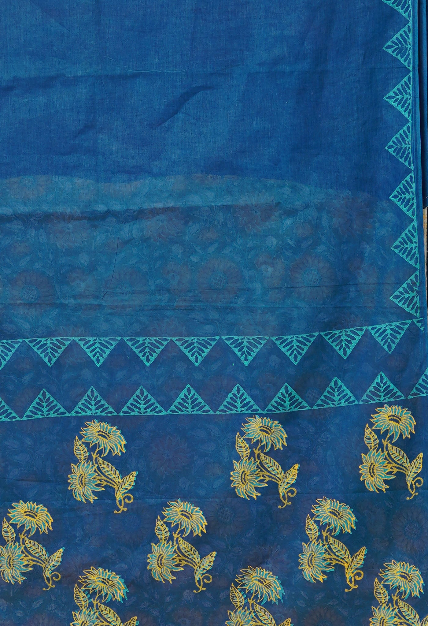 Peacock Blue Pure Dyed Hand Block printed Soft Cotton Saree-UNM79992