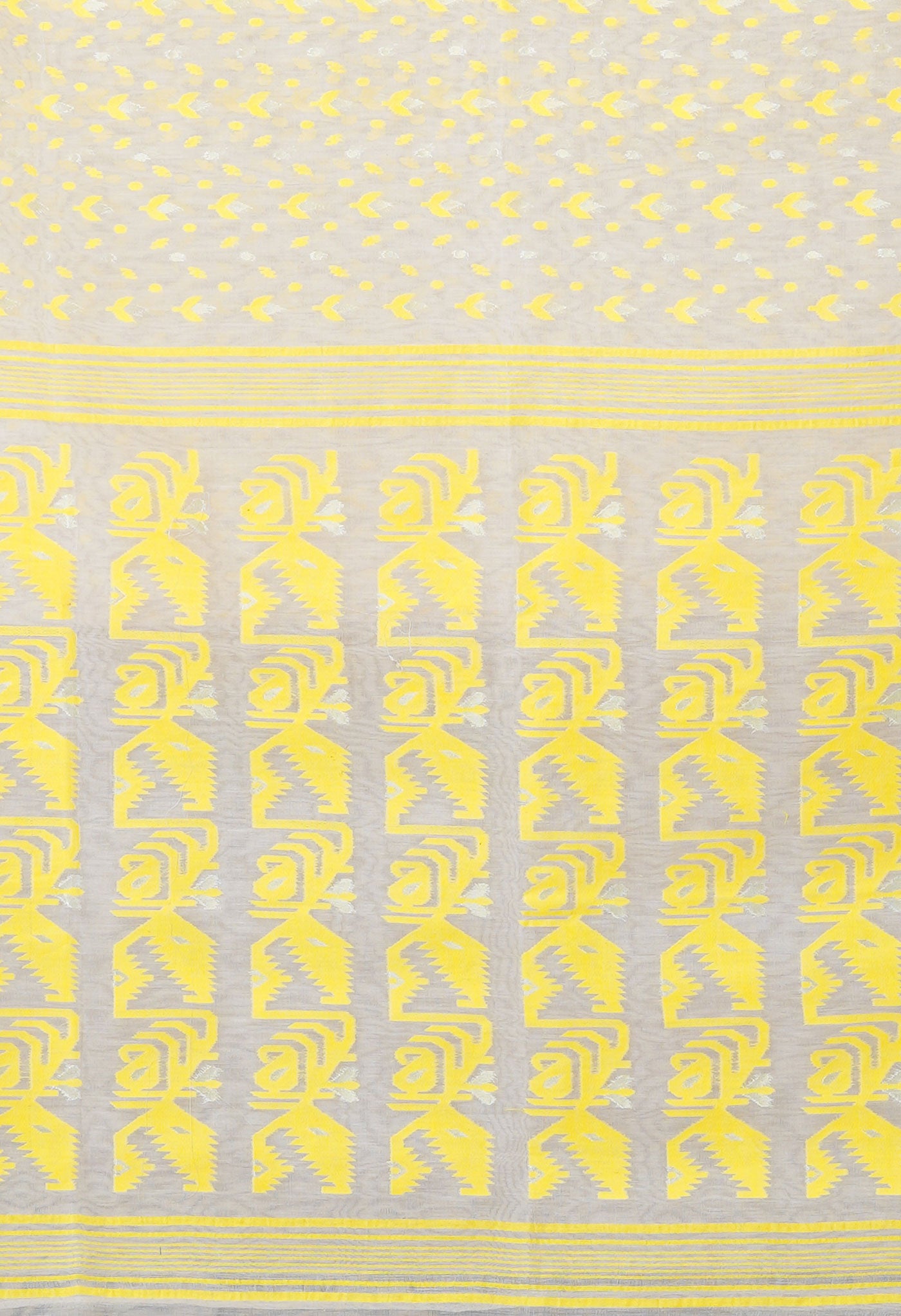 Ivory-Yellow Pure Handloom Jamdhani Bengal Cotton Saree-UNM80137
