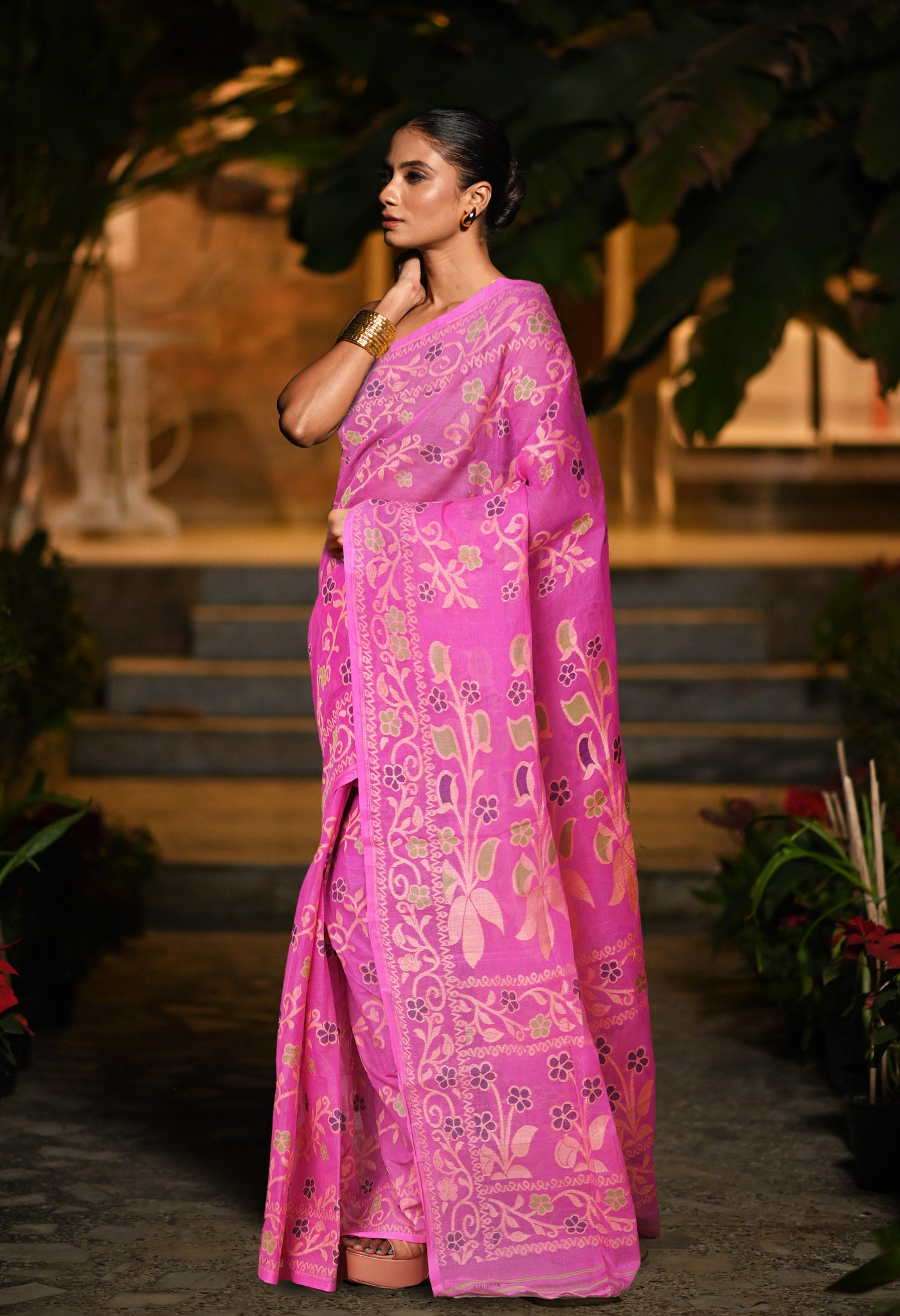 Pink Pure Handloom Jamdhani Bengal Cotton Saree-UNM80151