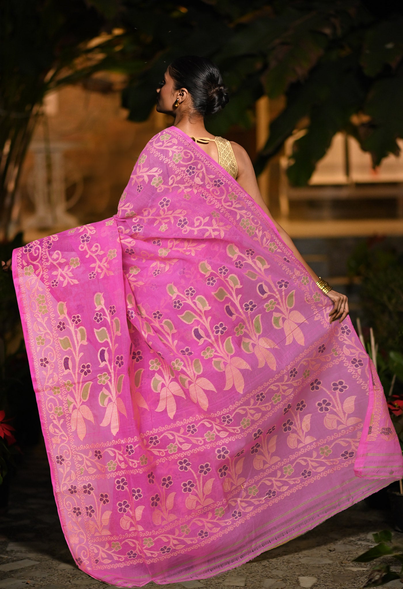 Pink Pure Handloom Jamdhani Bengal Cotton Saree-UNM80151