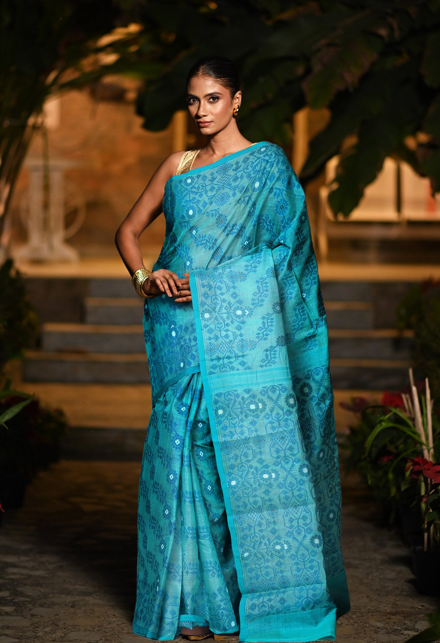 Blue Pure Handloom Tussar Jamdhani Bengal Cotton Saree-UNM80156