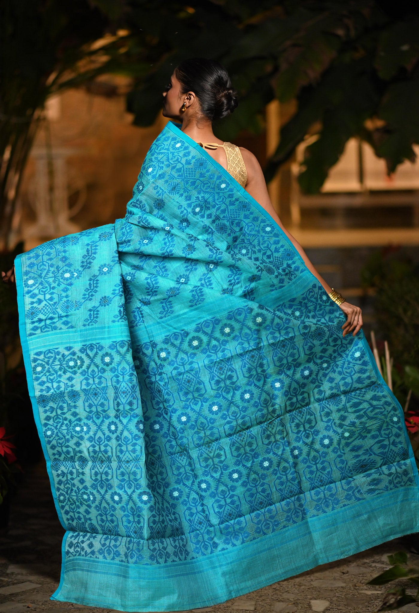 Blue Pure Handloom Tussar Jamdhani Bengal Cotton Saree-UNM80156