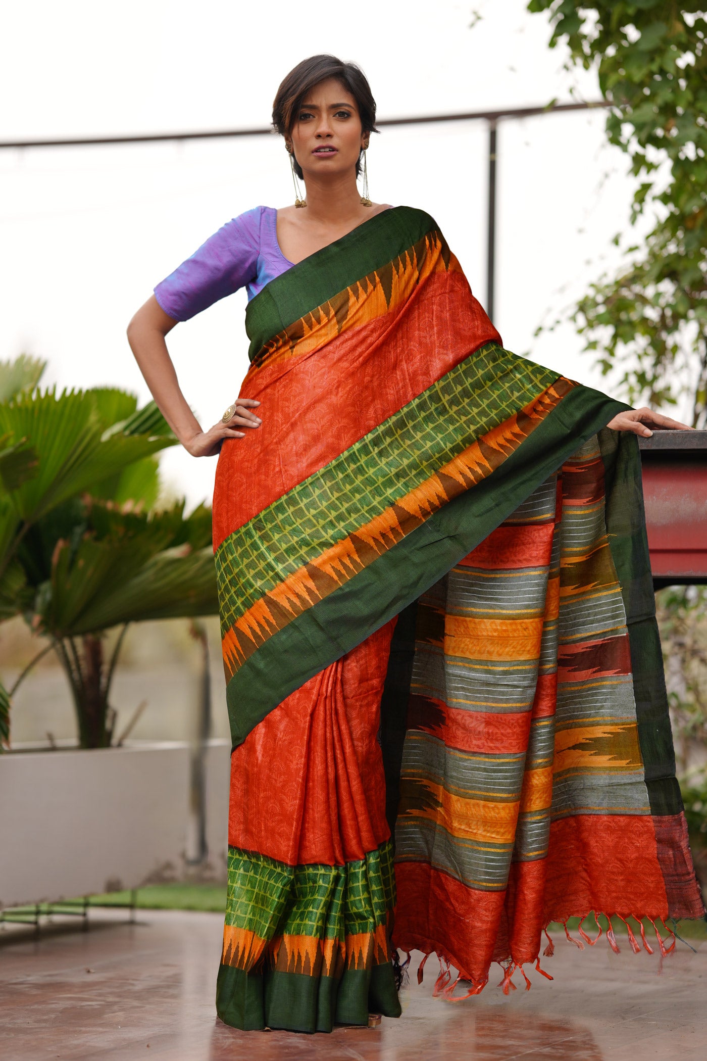 Red Pure Handloom Printed Vidarbha Tussar Silk Saree-UNM80208