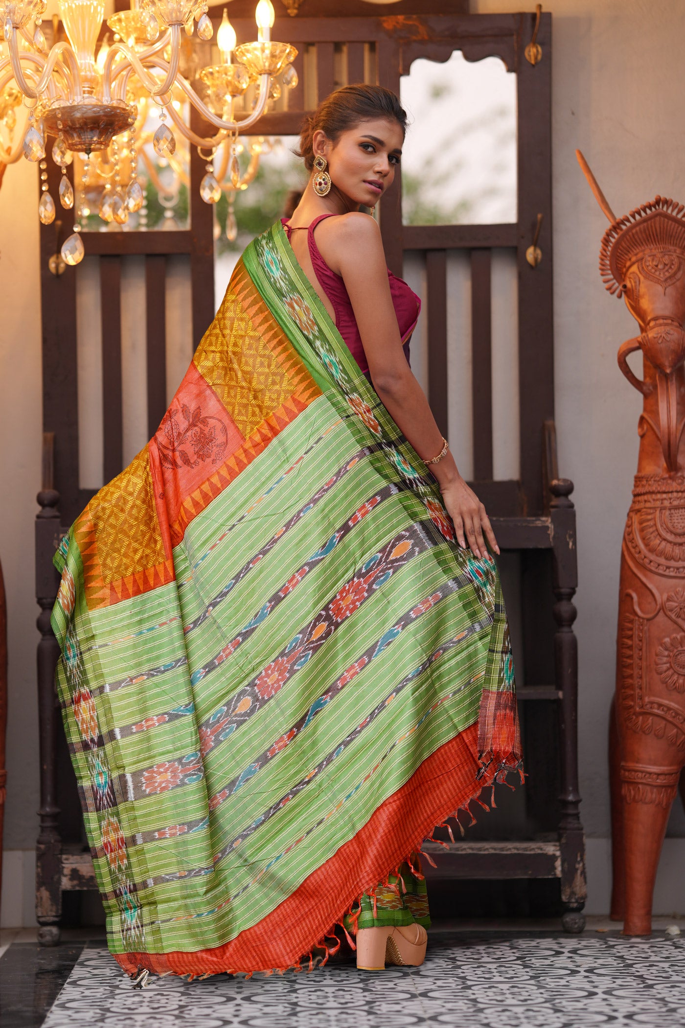 Red Pure Handloom Printed Vidarbha Tussar Silk Saree-UNM80215