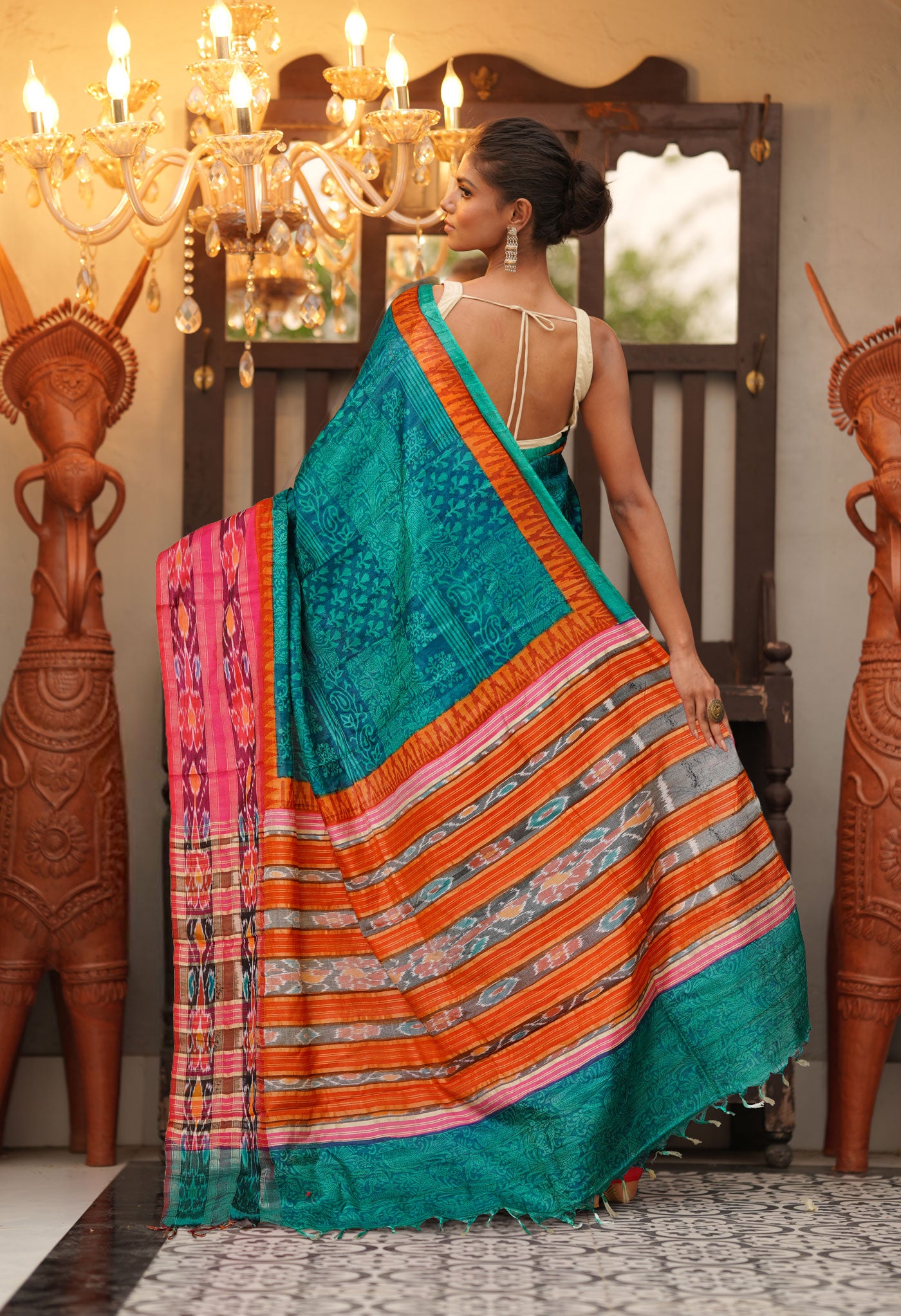 Green Pure Handloom Printed Vidarbha Tussar Silk Saree-UNM80222