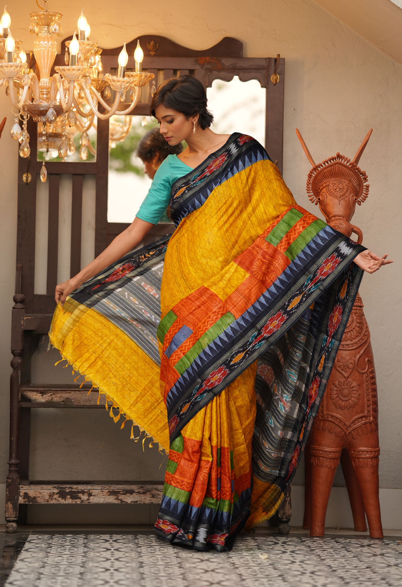 Yellow Pure Handloom Printed Vidarbha Tussar Silk Saree-UNM80232