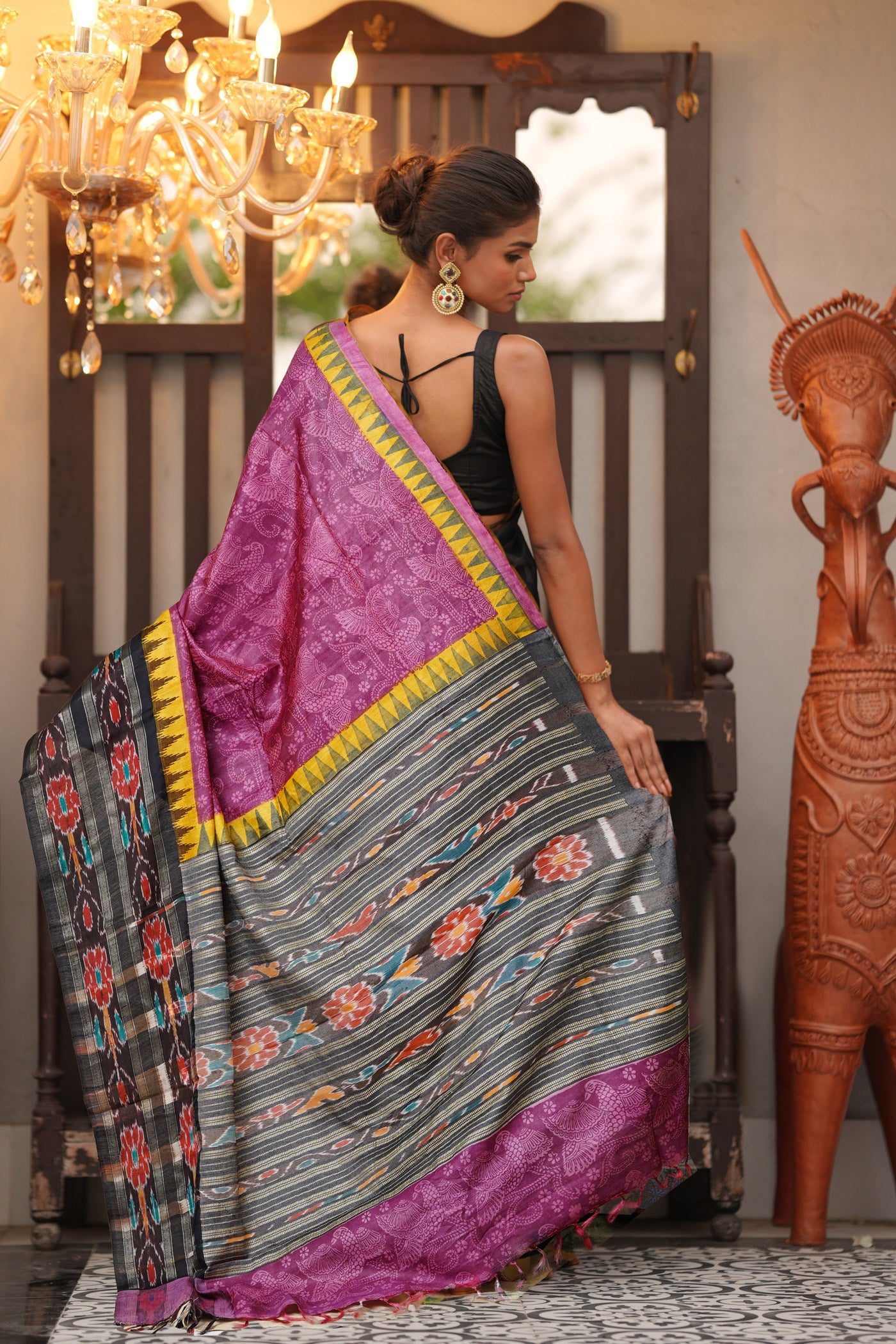Pink Pure Handloom Printed Vidarbha Tussar Silk Saree-UNM80235