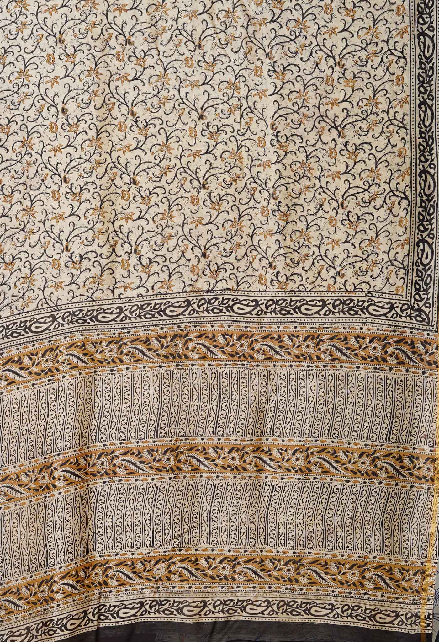 Cream Pure Bagru Kalamkari Printed Chanderi Sico Saree-UNM80242