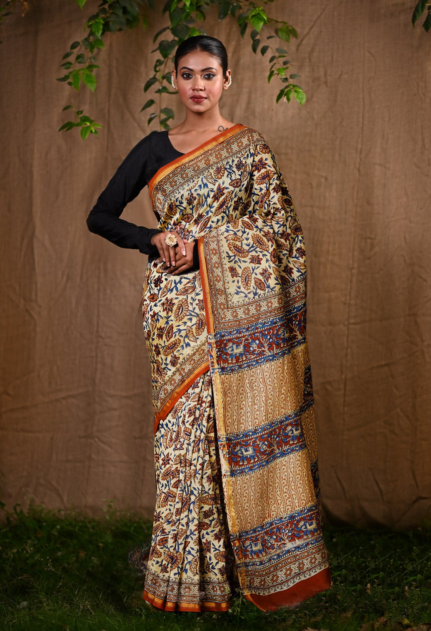 Cream Pure  Bagru Kalamkari Printed Chanderi Sico Saree-UNM80249