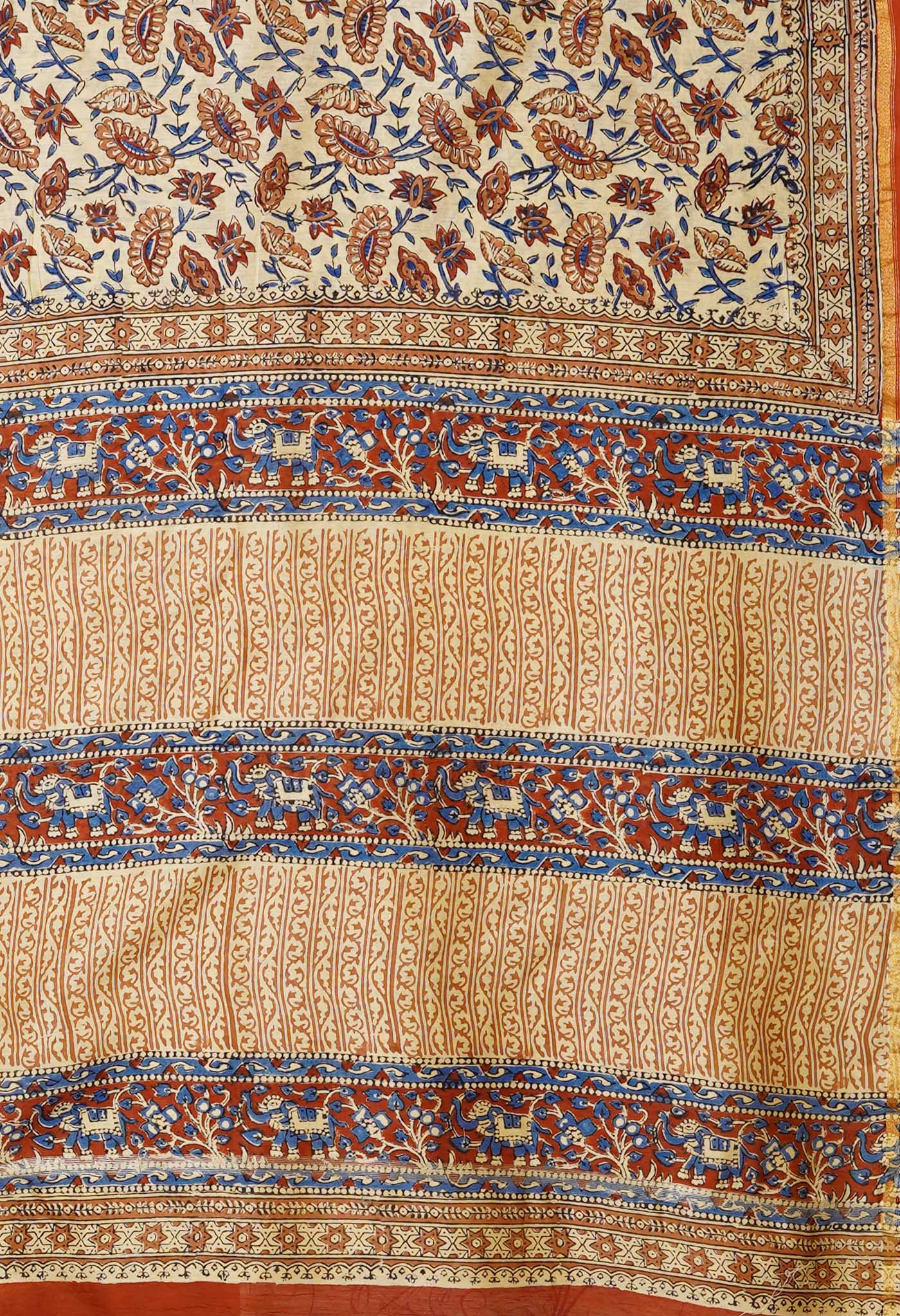 Cream Pure Bagru Kalamkari Printed Chanderi Sico Saree-UNM80249