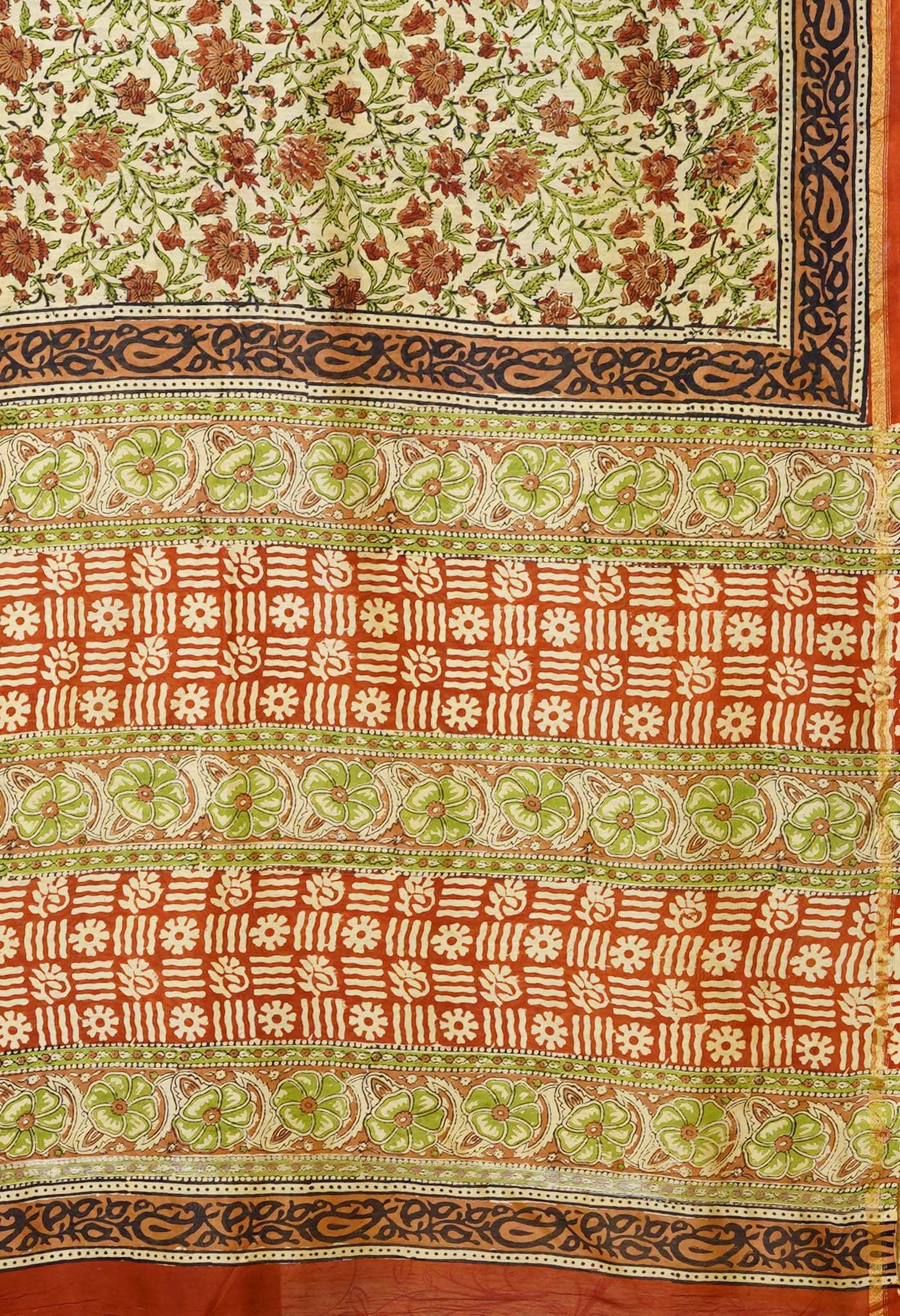 Cream Pure Bagru Kalamkari Printed Chanderi Sico Saree-UNM80250